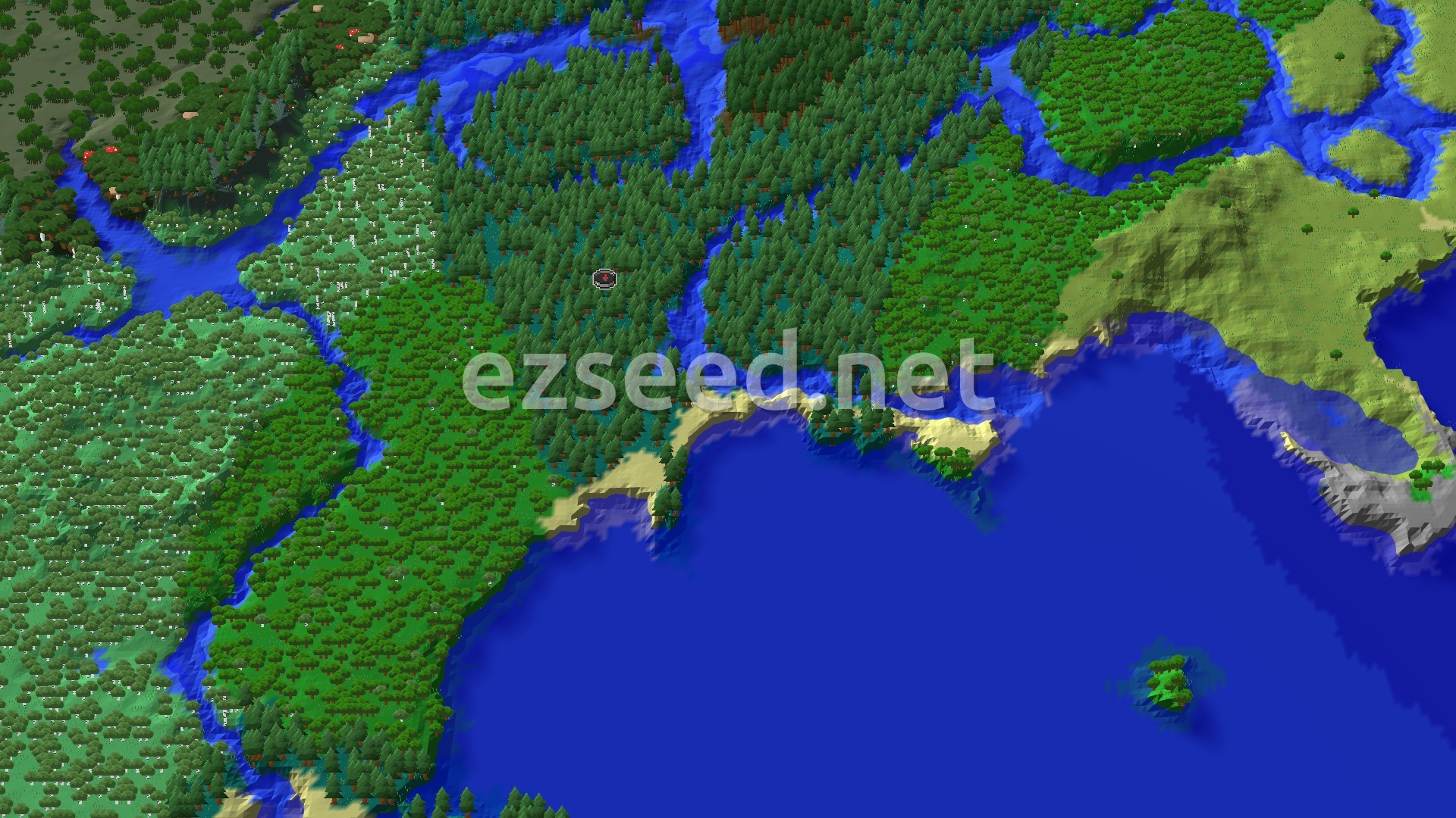 An aerial view of a dense Taiga forest with a river winding through it, leading to a large ocean with scattered beaches.