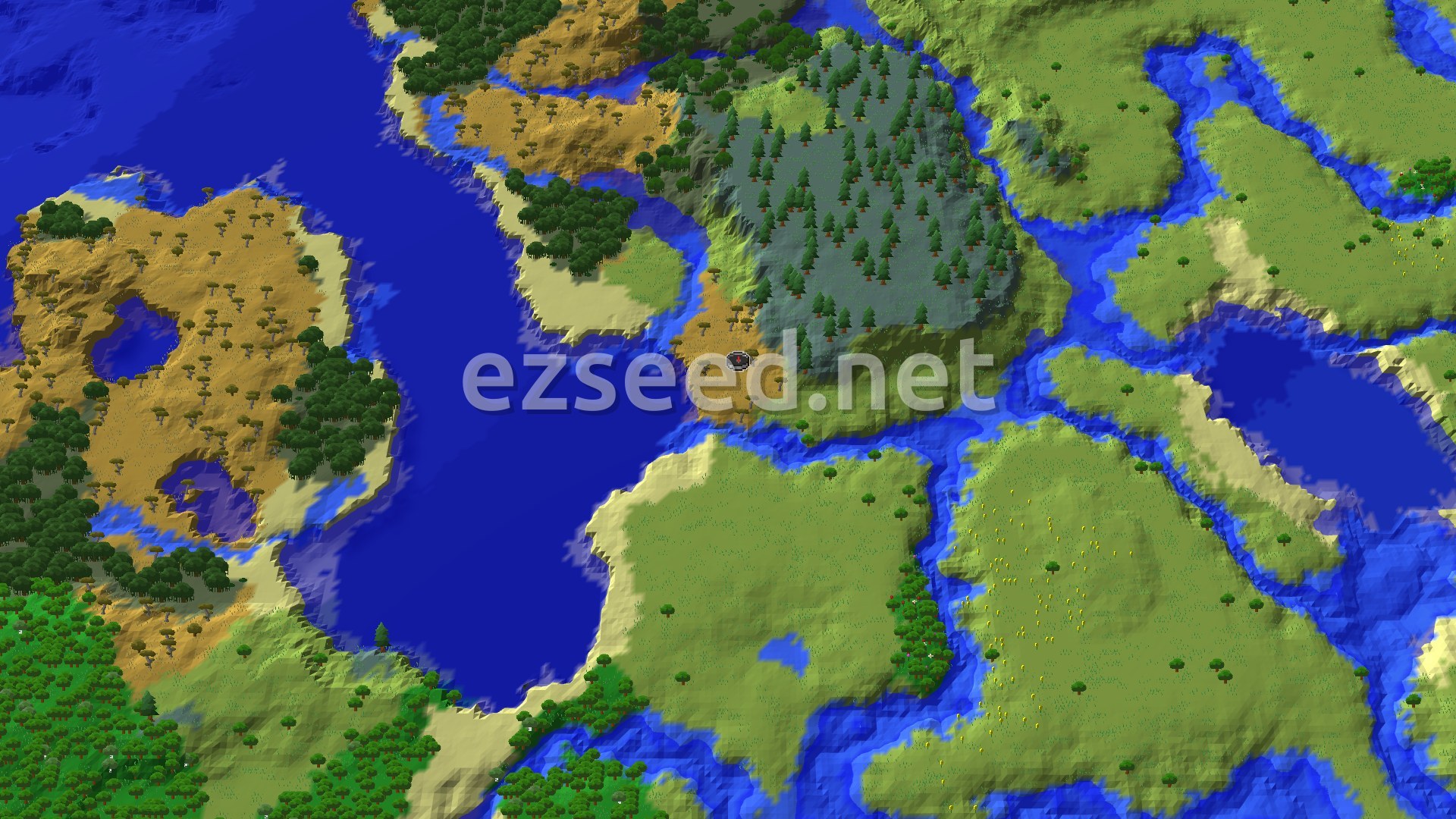 Aerial Minecraft seed map — Windswept Savanna Spawn with Nearby Mangrove Swamp