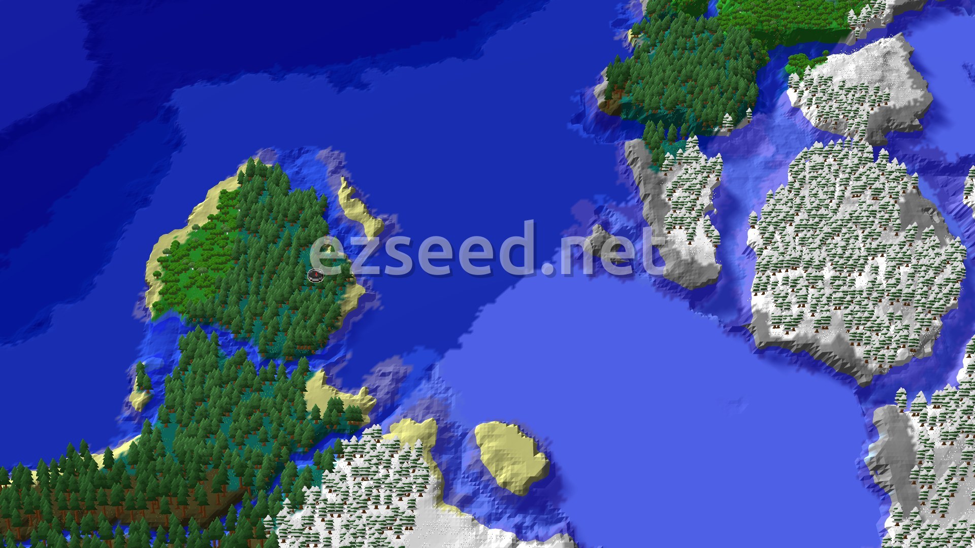 Aerial Minecraft seed map — A Taiga Island Start with an Early Ocean Trip
