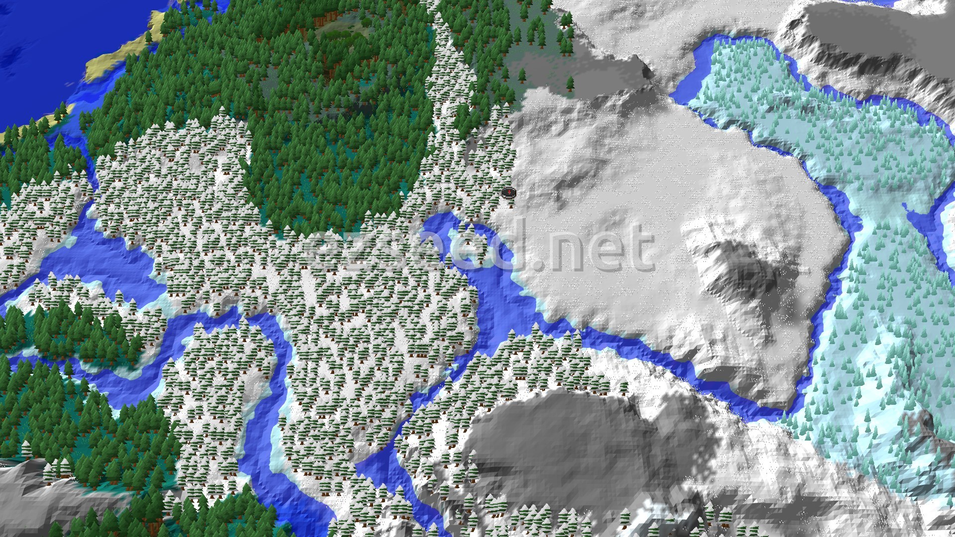 Aerial Minecraft seed map — Frozen River Spawn with Close Ancient City
