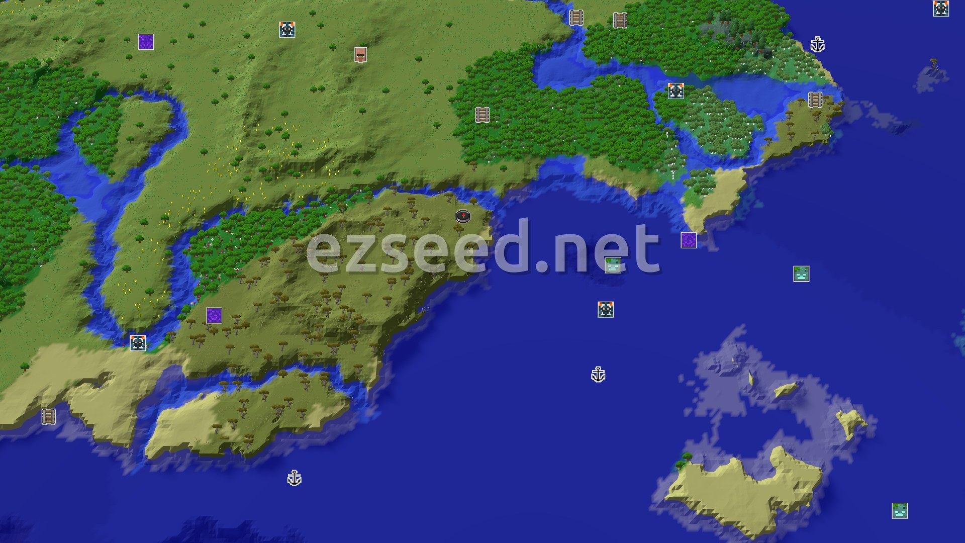 Aerial Minecraft seed map — Savanna Spawn with a Nearby Trial Chambers and Ocean