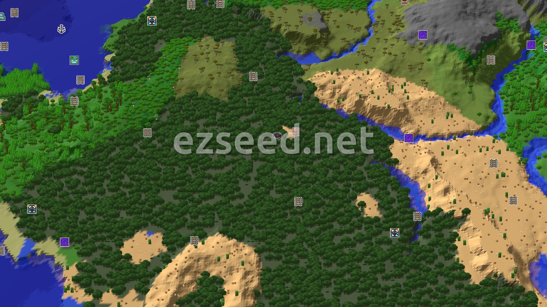 Aerial Minecraft seed map — Mangrove Swamp Start with Nearby Desert and Village