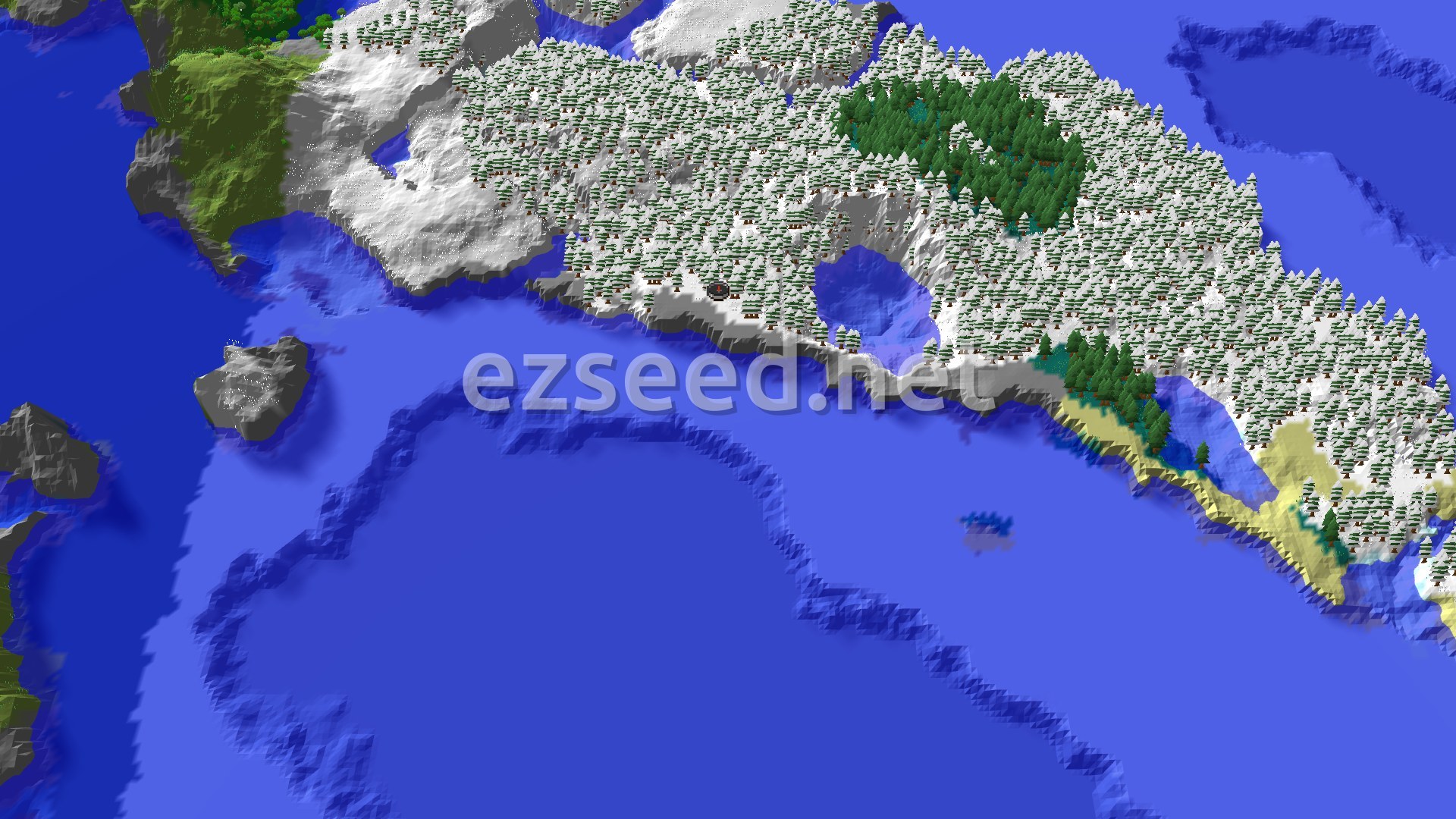 Aerial Minecraft seed map — Frozen Ocean Start with a Nearby Mineshaft