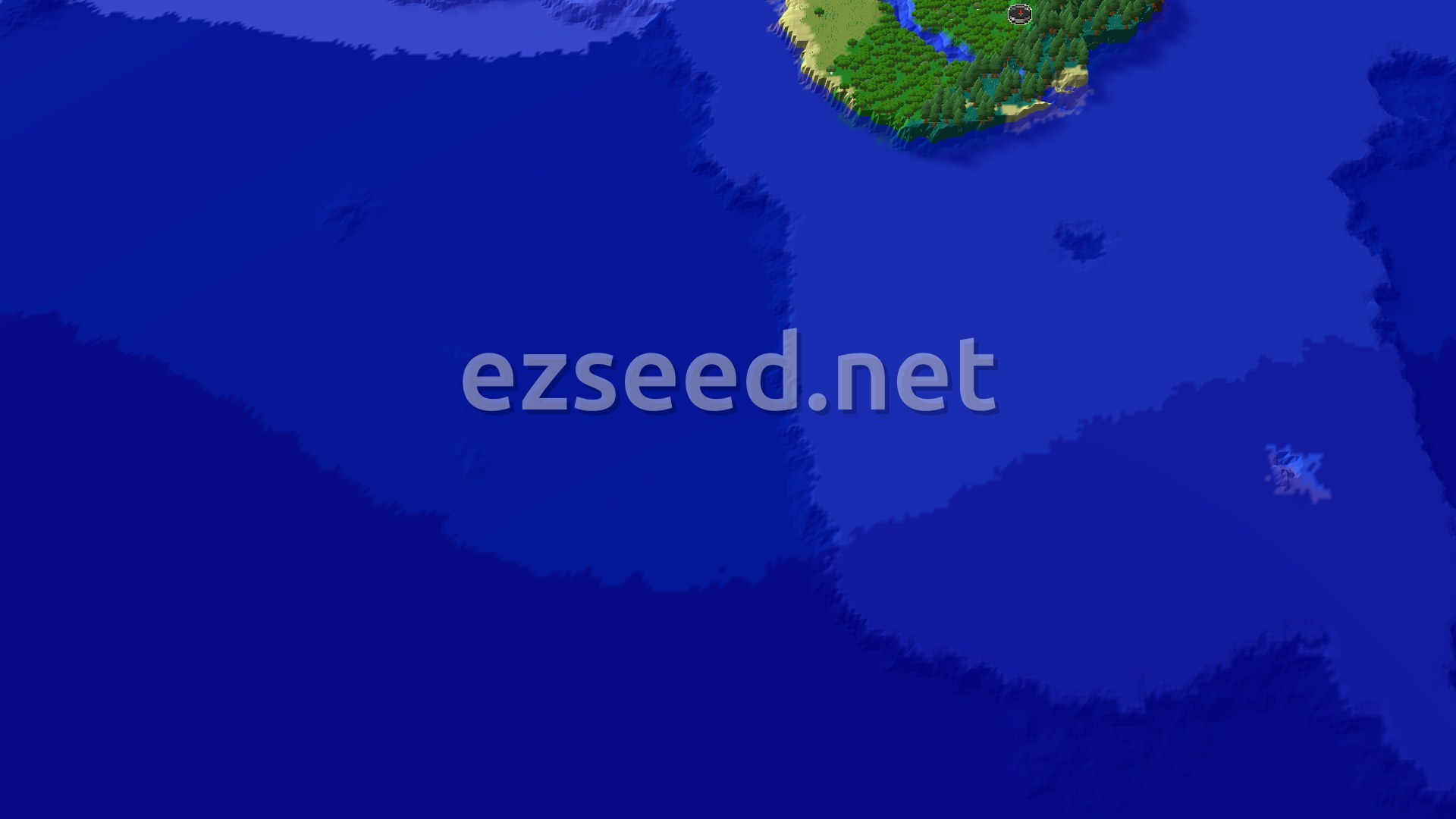 A 3D fly-over of a verdant forest terrain with a small river, meeting a vast, deep blue ocean. A spawn marker is visible in the center of the forested landmass.
