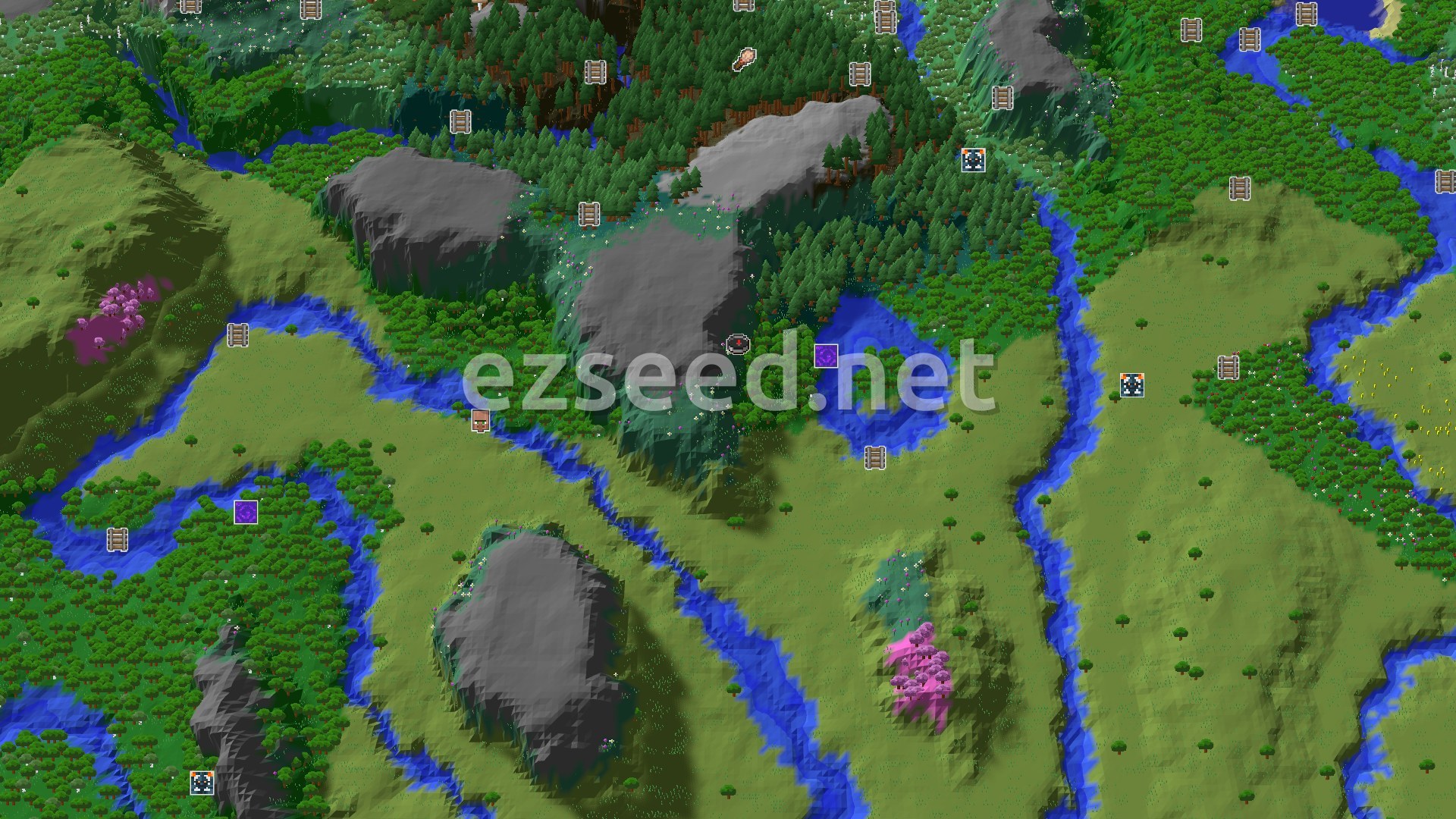 Aerial Minecraft seed map — A Modest Start with Cherry Groves Nearby