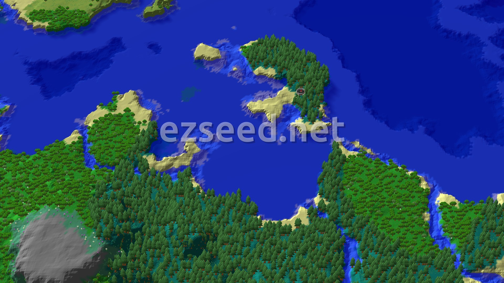 Aerial Minecraft seed map — Trial Chambers and Ocean Monument Near Taiga Spawn
