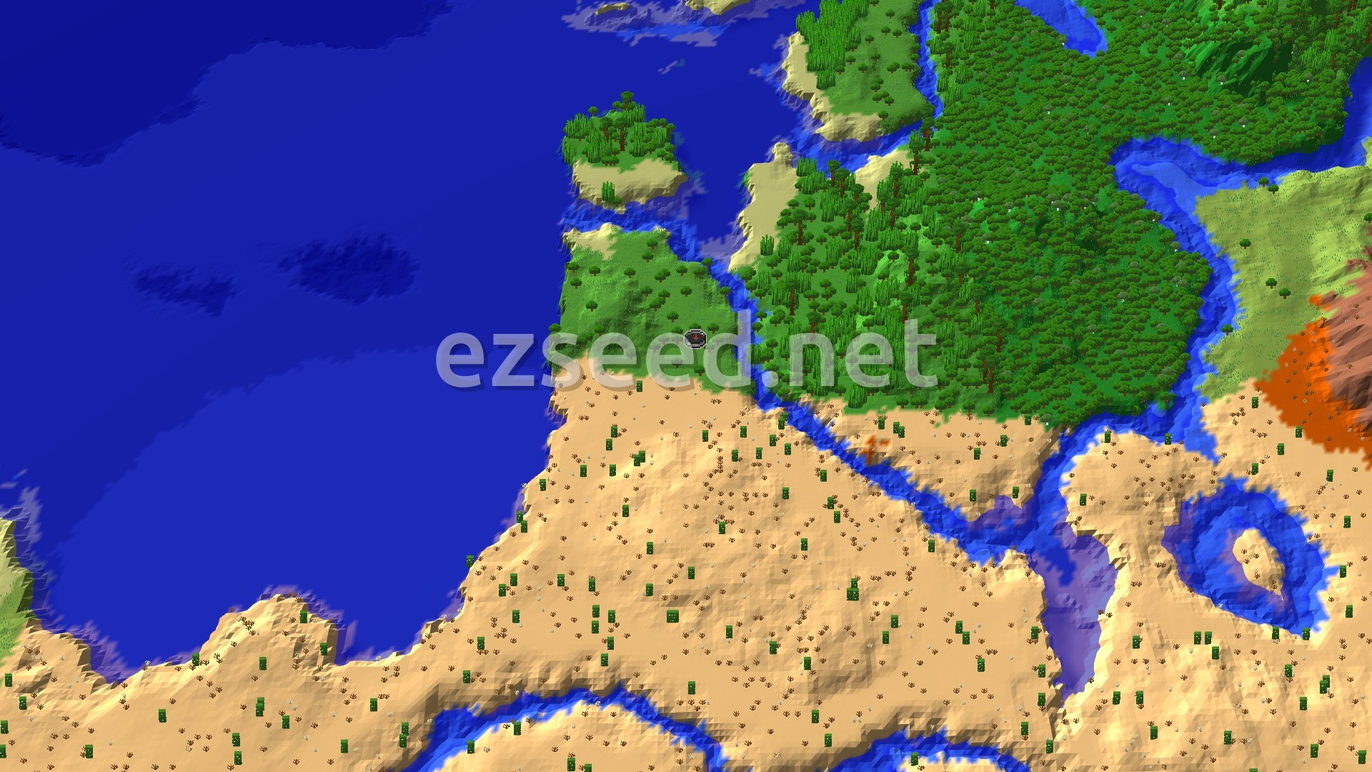 Aerial Minecraft seed map — Sparse Jungle Spawn with Nearby Trial Chambers and Village