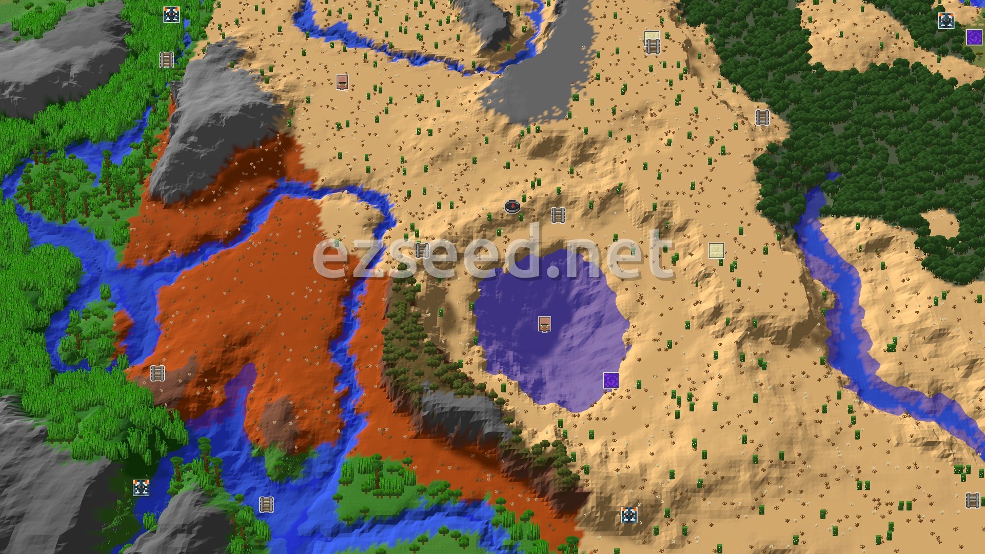 Aerial Minecraft seed map — Desert Spawn with Nearby Badlands and Jungles