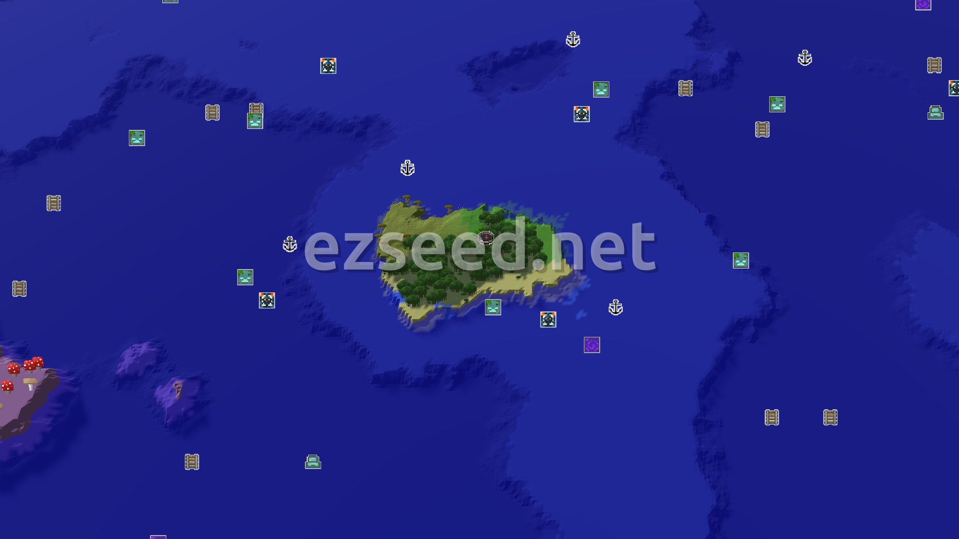 Aerial Minecraft seed map — Spawn in a Mangrove Swamp, close to a rare mushroom island