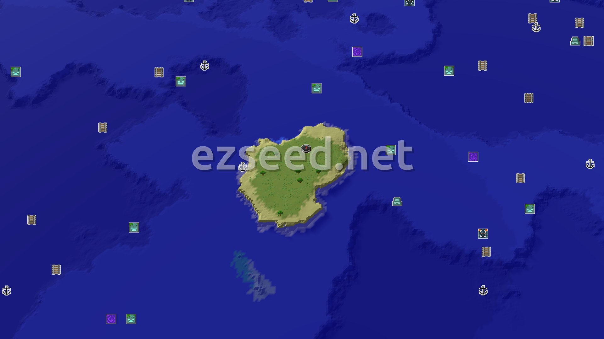 A small, green island with a few trees, surrounded by vast blue ocean, with a spawn marker in the center.