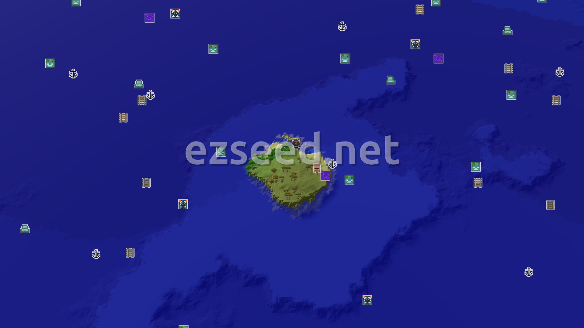 Aerial Minecraft seed map — Spawn on a Plains Island with an Ocean Monument Nearby