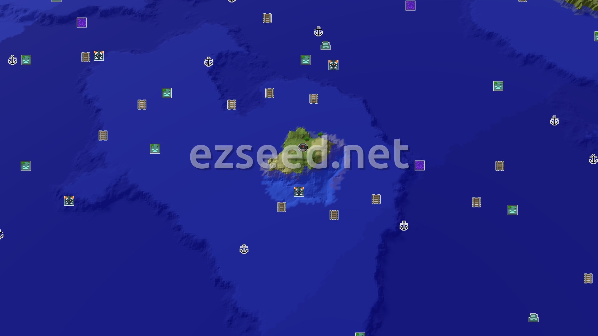 Aerial Minecraft seed map — Island Spawn with Quick Access to Early Game Structures