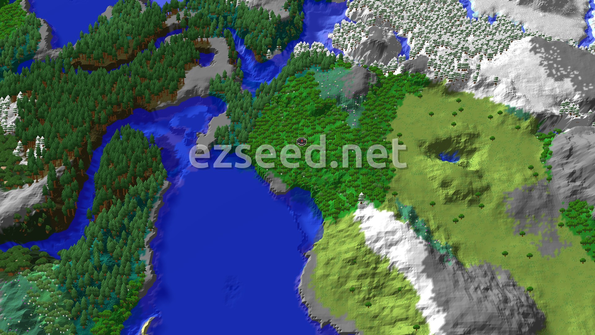 An overhead view of a diverse Minecraft landscape featuring a central forest with a spawn marker, surrounded by rivers, a large ocean, and snow-capped mountains in the distance.