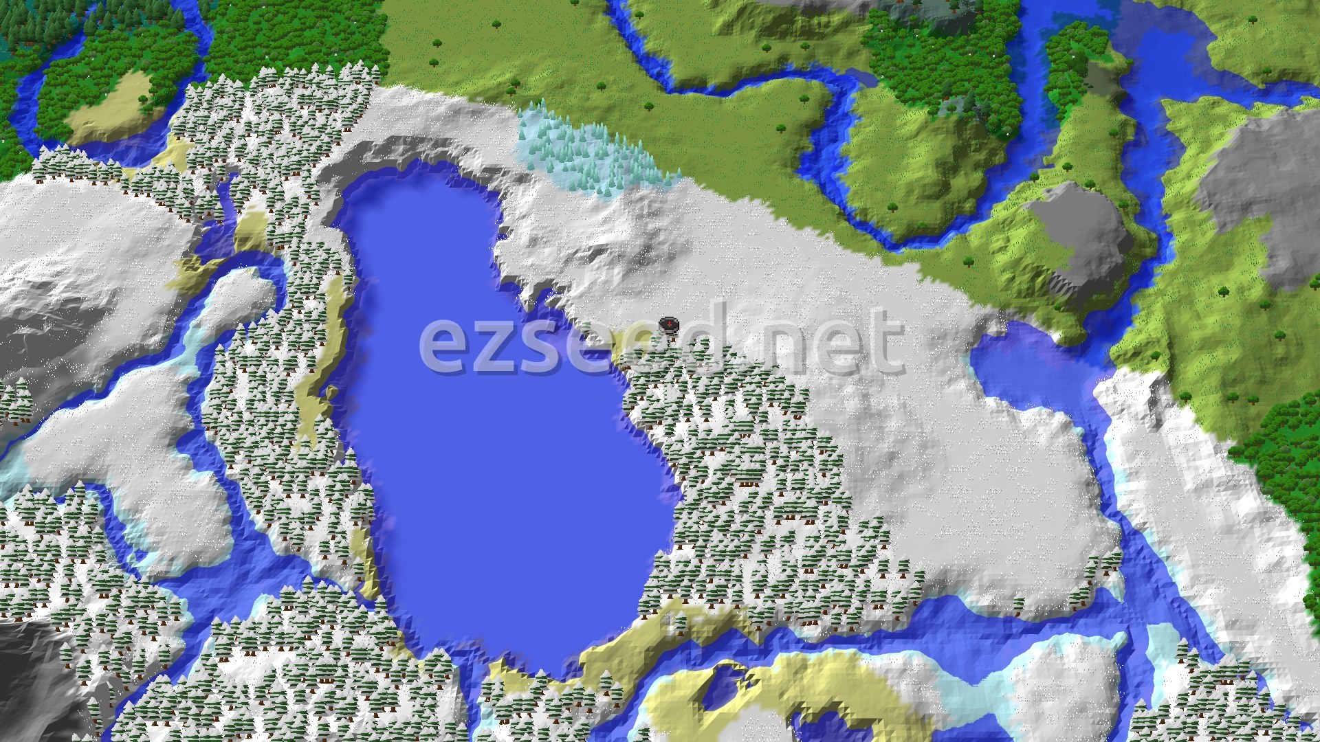 A snowy, mountainous landscape with a large frozen lake, surrounded by snow-covered trees and a few patches of green forest.