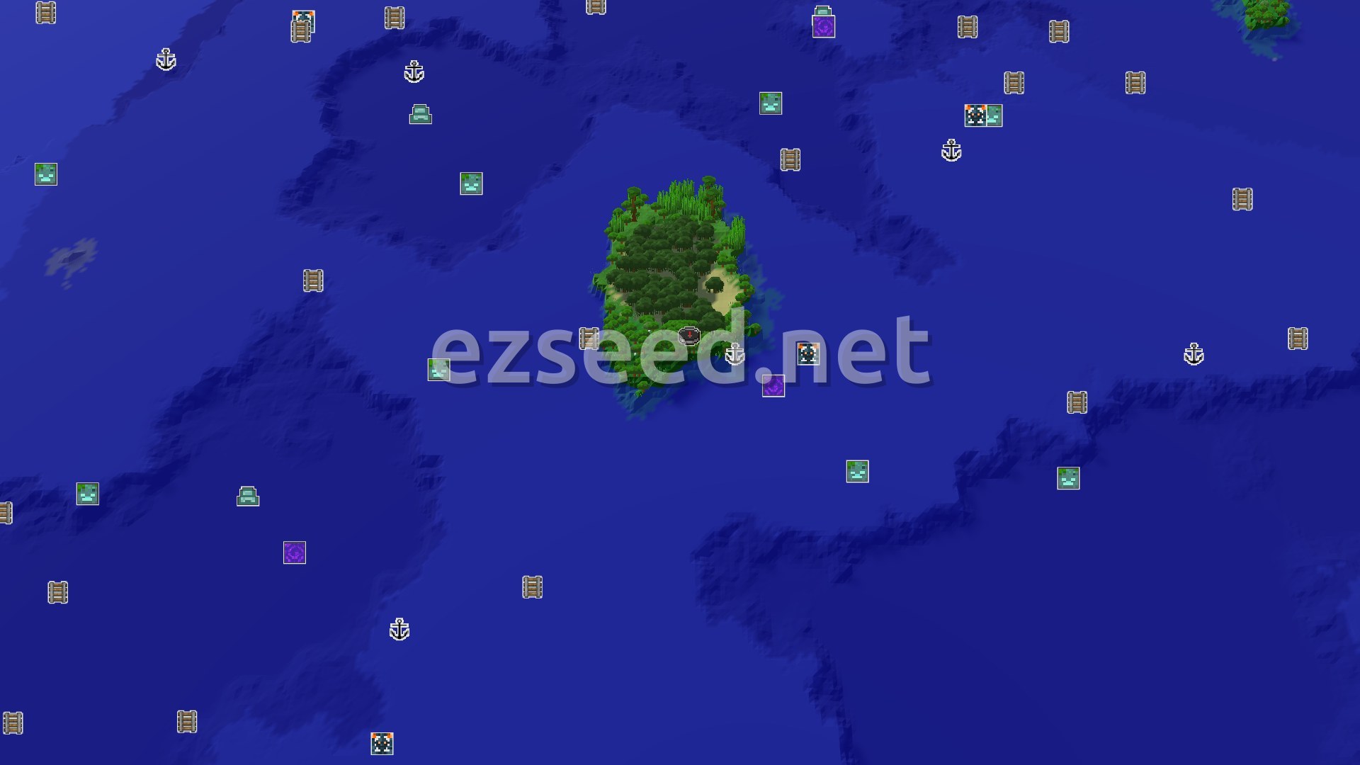 Aerial Minecraft seed map — Island Forest Spawn with Nearby Shipwreck