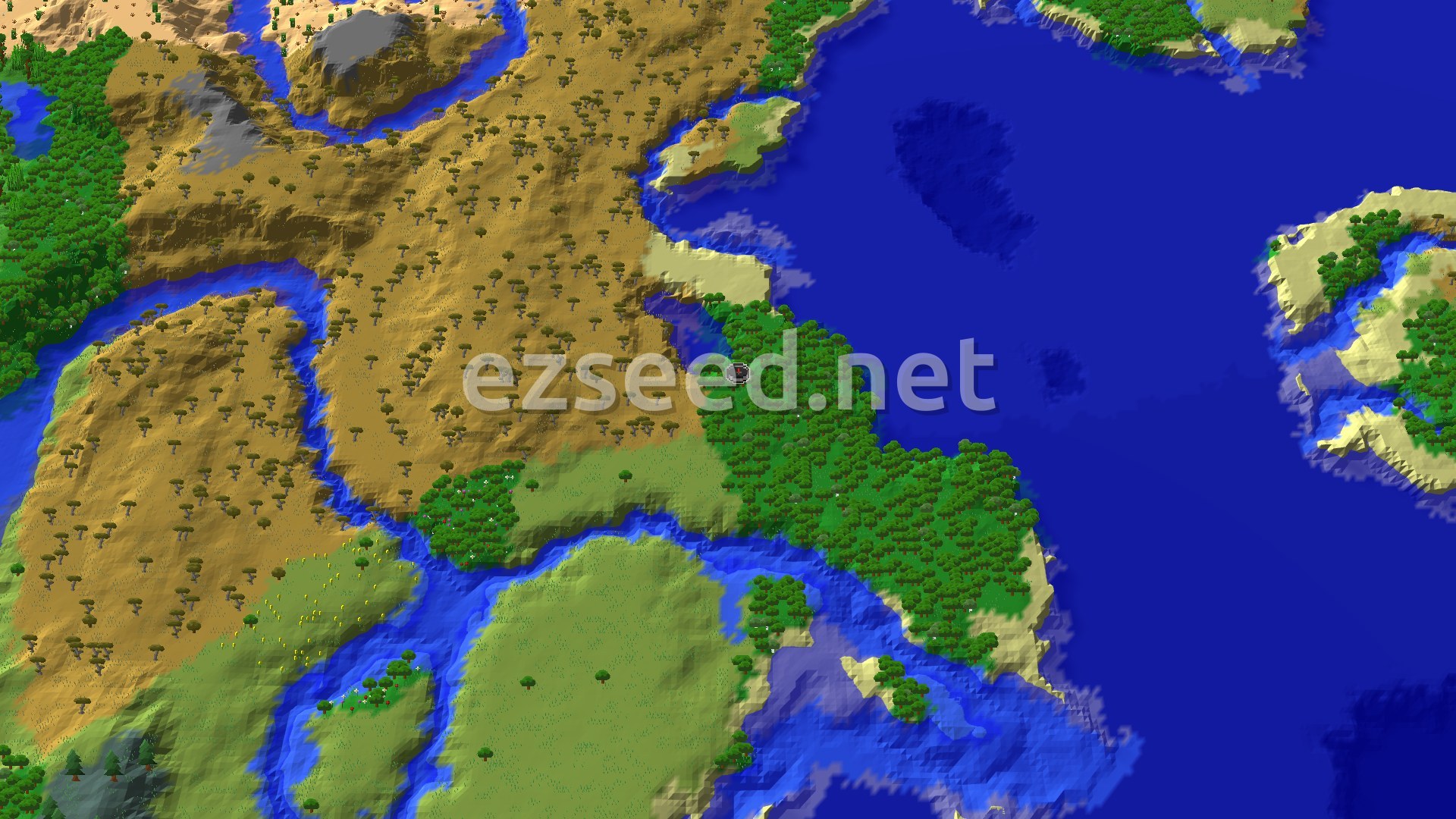 A 3D fly-over of a varied landscape, showing a large dark green forest area bordering a sandy savanna, with winding blue rivers and vast oceans with scattered islands. A small spawn marker is visible in the center.