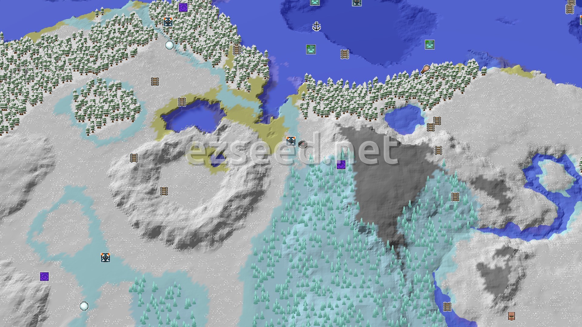 A snowy, mountainous landscape with patches of dark forest and a large frozen ocean to the north, seen from a high angle. A small player marker is visible at the center.