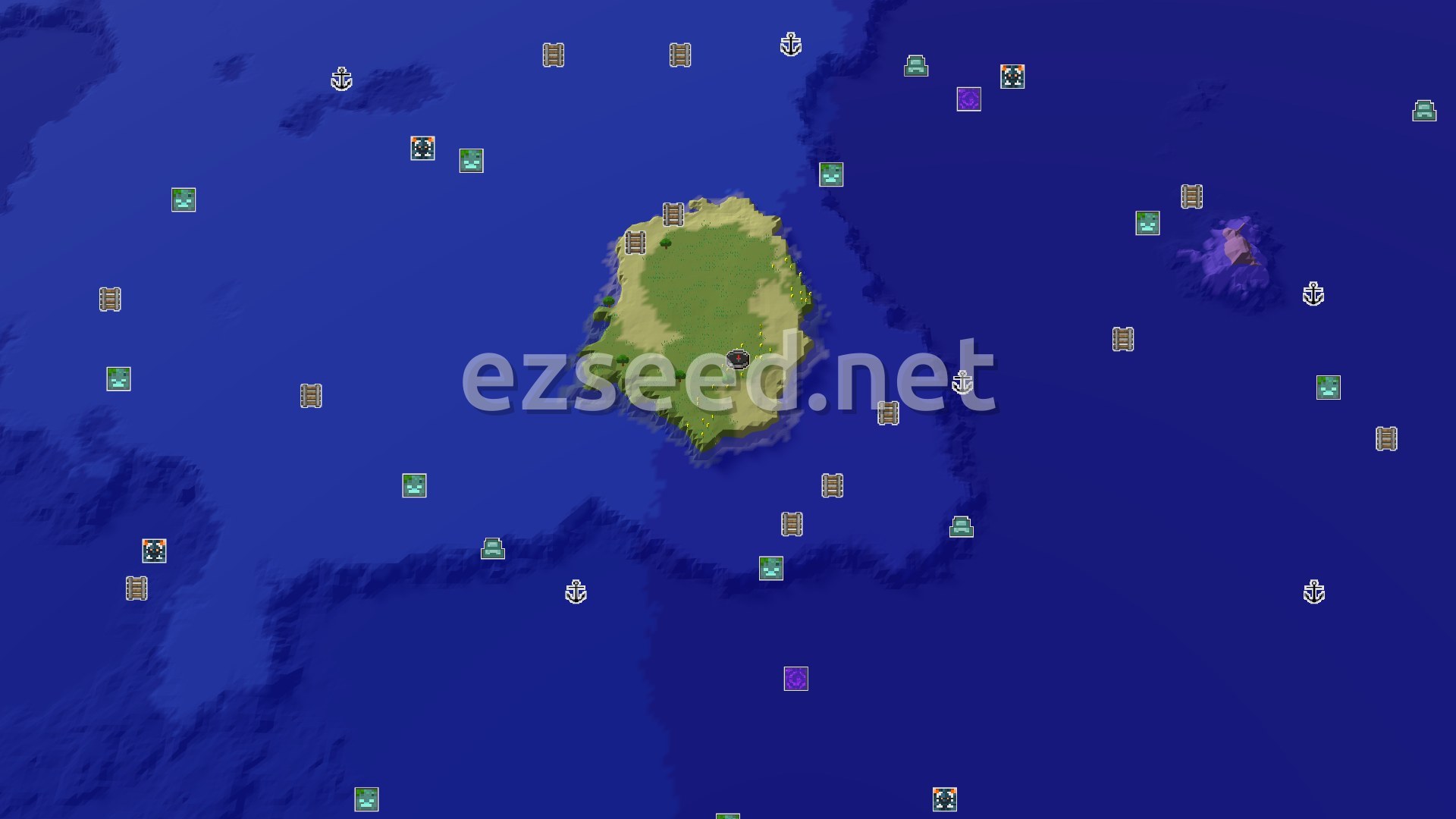 A 3D overview of a small, green island surrounded by deep blue ocean, with a tiny spawn marker in the center.