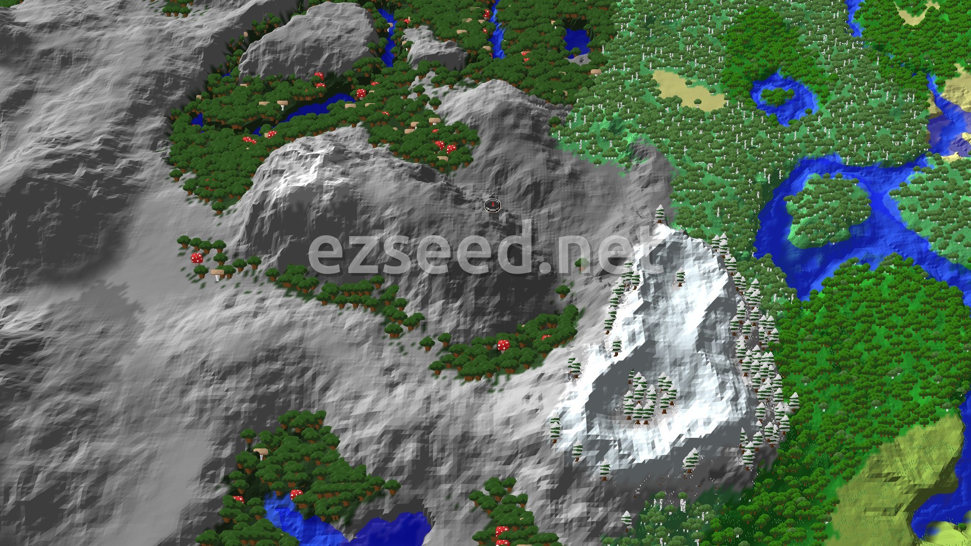 Aerial Minecraft seed map — Dark Forest Spawn Near Peaks and a Rare Garden