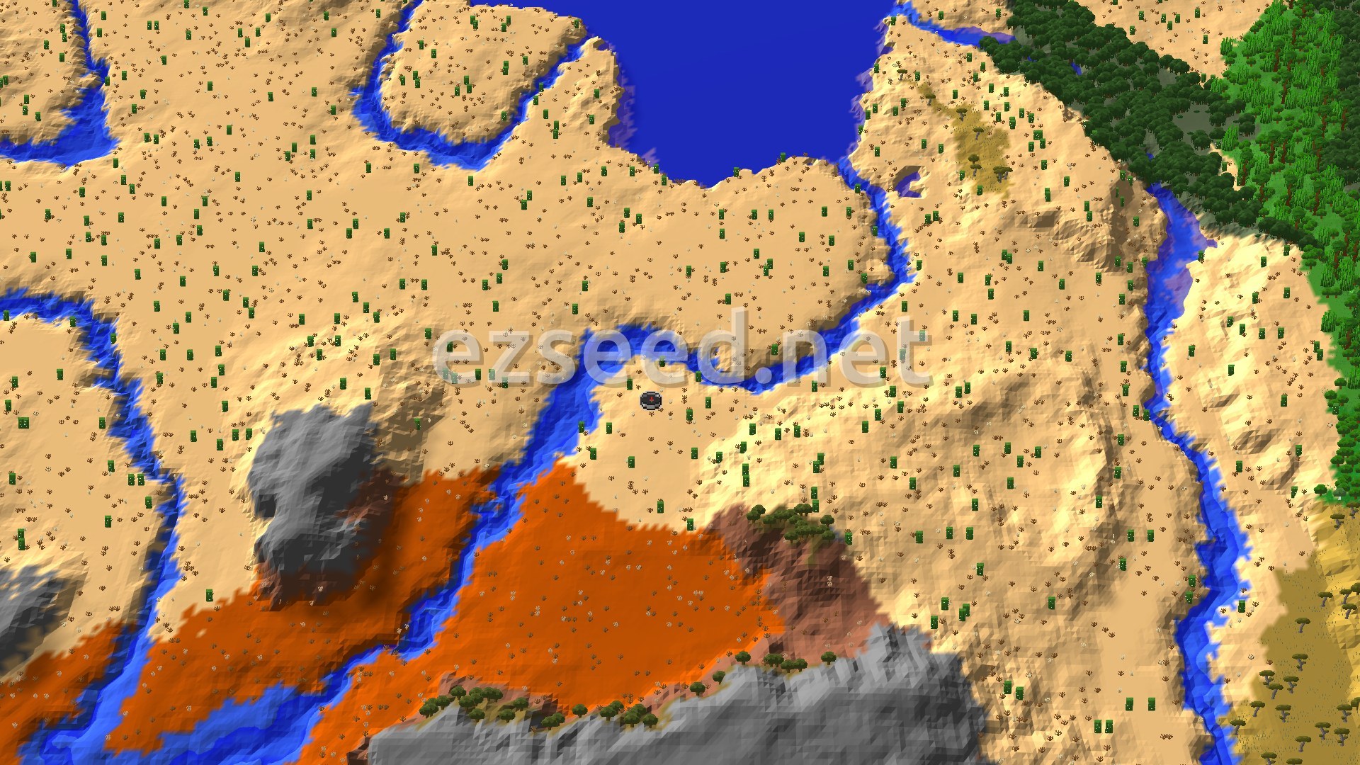 Aerial Minecraft seed map — Desert Spawn with Nearby Badlands and Trial Chambers