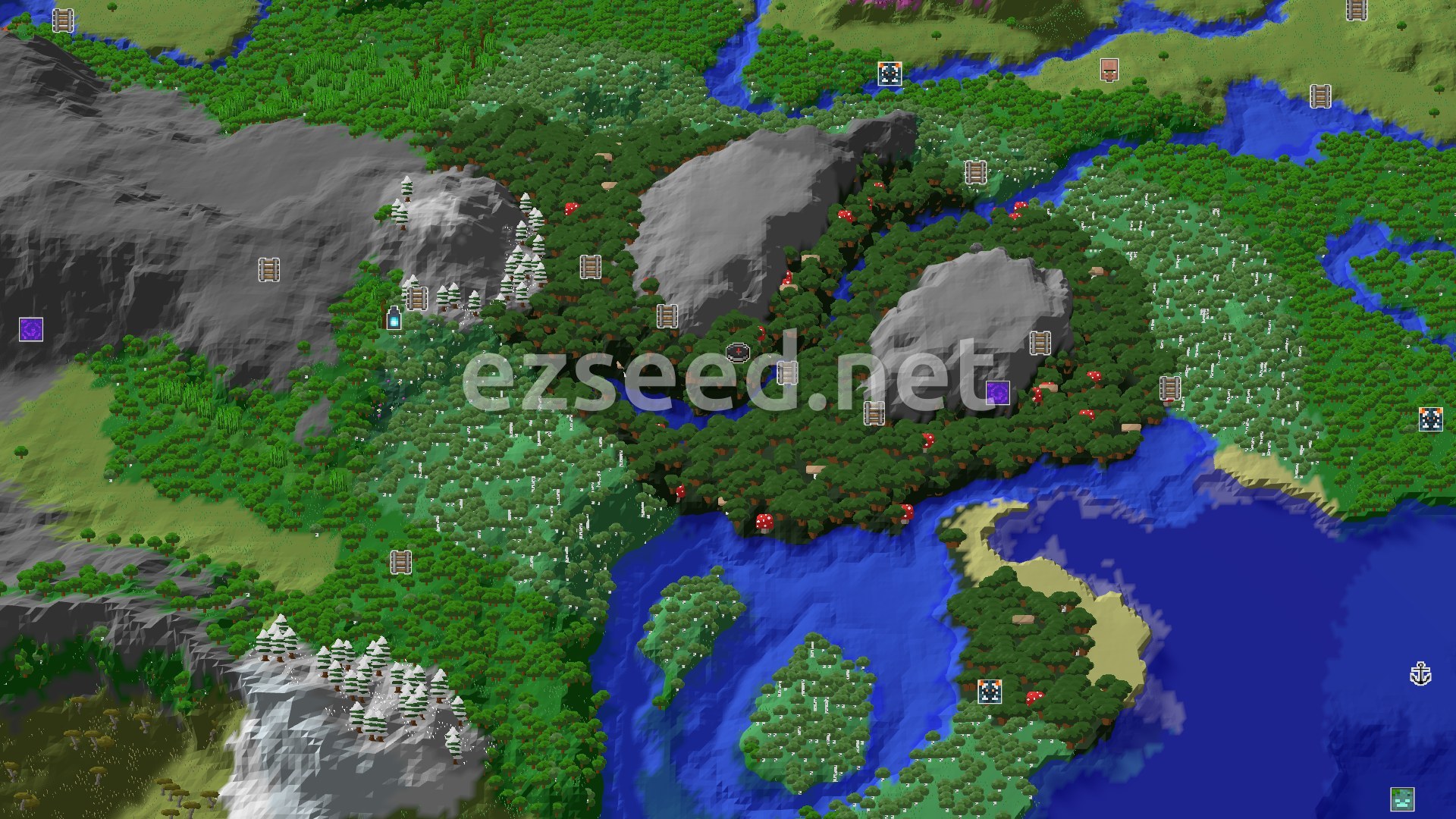 Aerial Minecraft seed map — Dark Forest Beginnings with Deep Underground Chambers