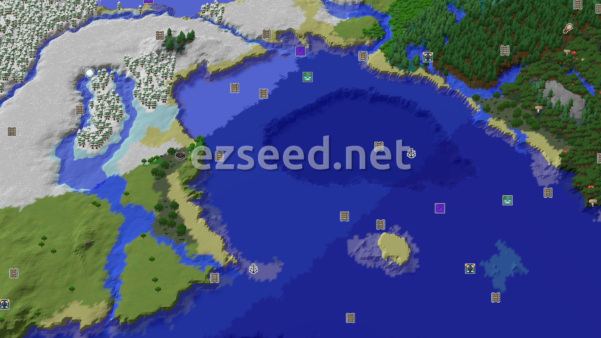 Aerial Minecraft seed map — Spawn in a Swamp, Find Nearby Icy Peaks
