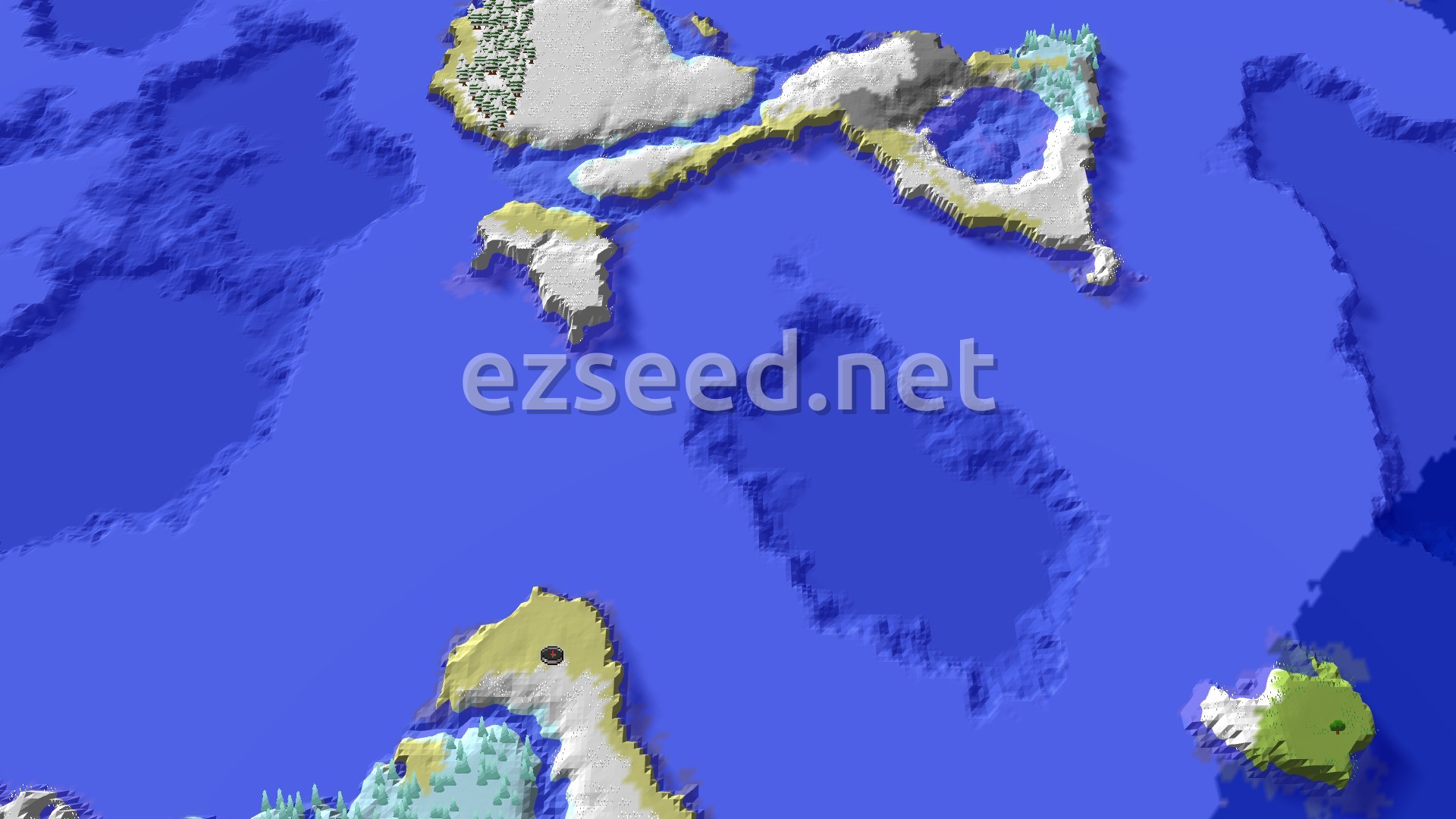 Aerial Minecraft seed map — Spawn in Snowy Plains, with an Abandoned Village Nearby