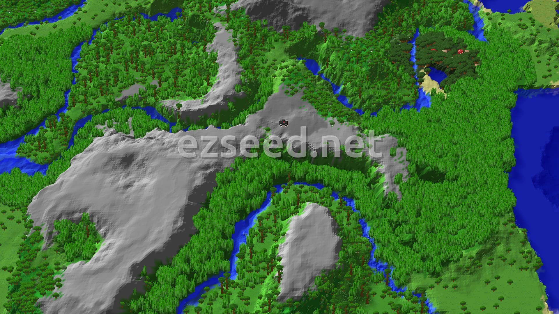Aerial Minecraft seed map — Jungle Spawn with Nearby Trial Chambers and Ancient City
