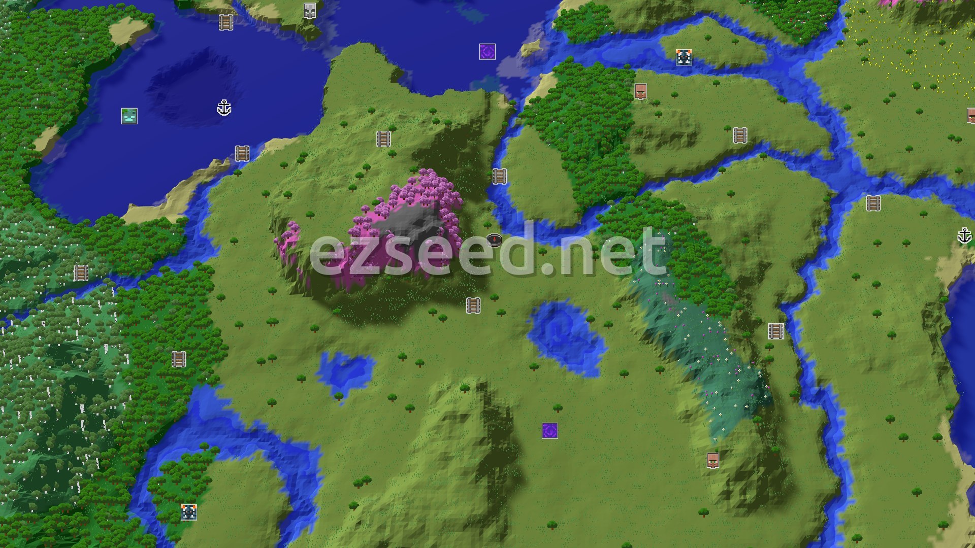 Aerial Minecraft seed map — Plains Spawn with a Nearby Cherry Grove Mountain