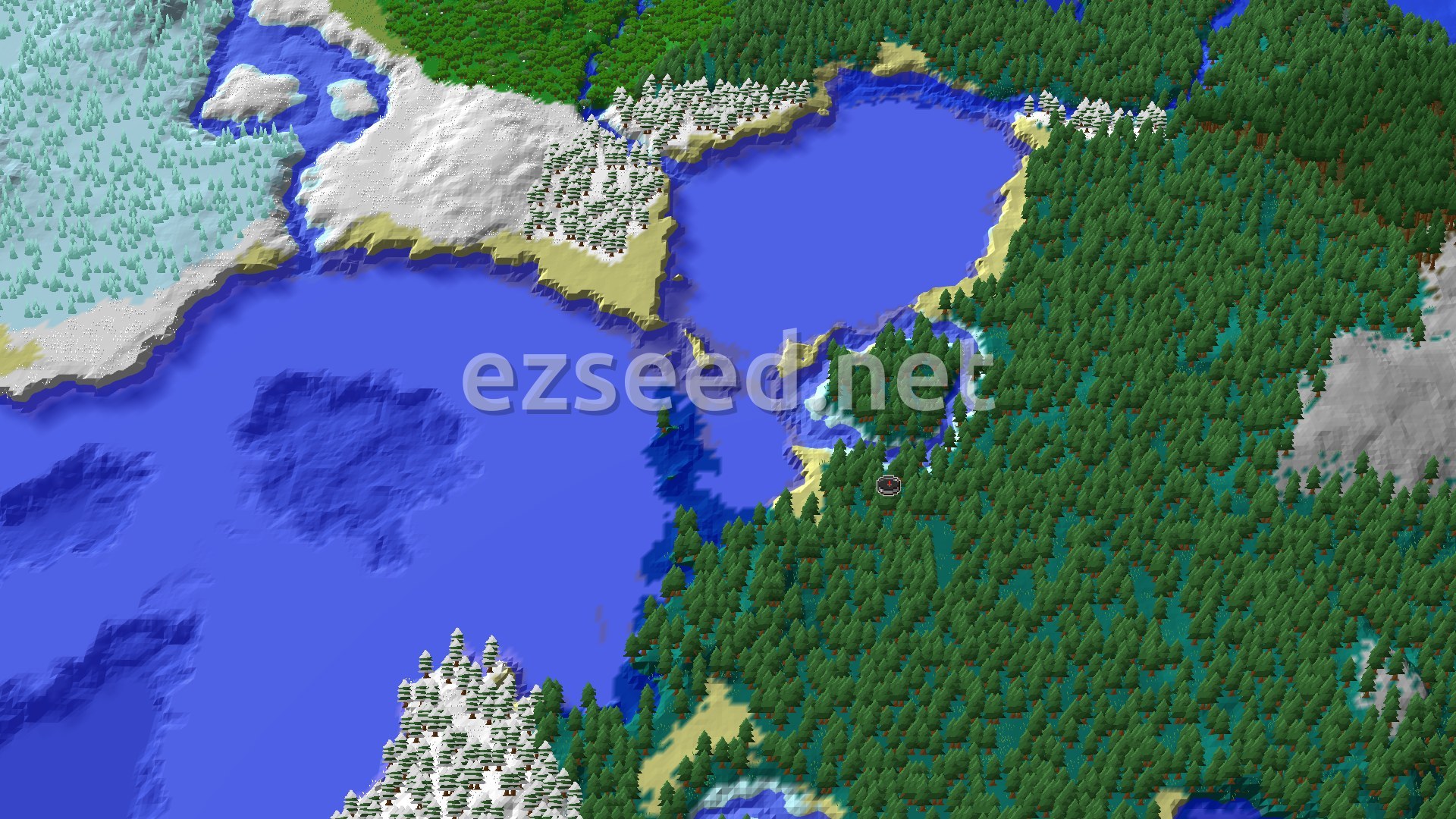 Aerial Minecraft seed map — Taiga Spawn with Nearby Village and Ocean Monuments