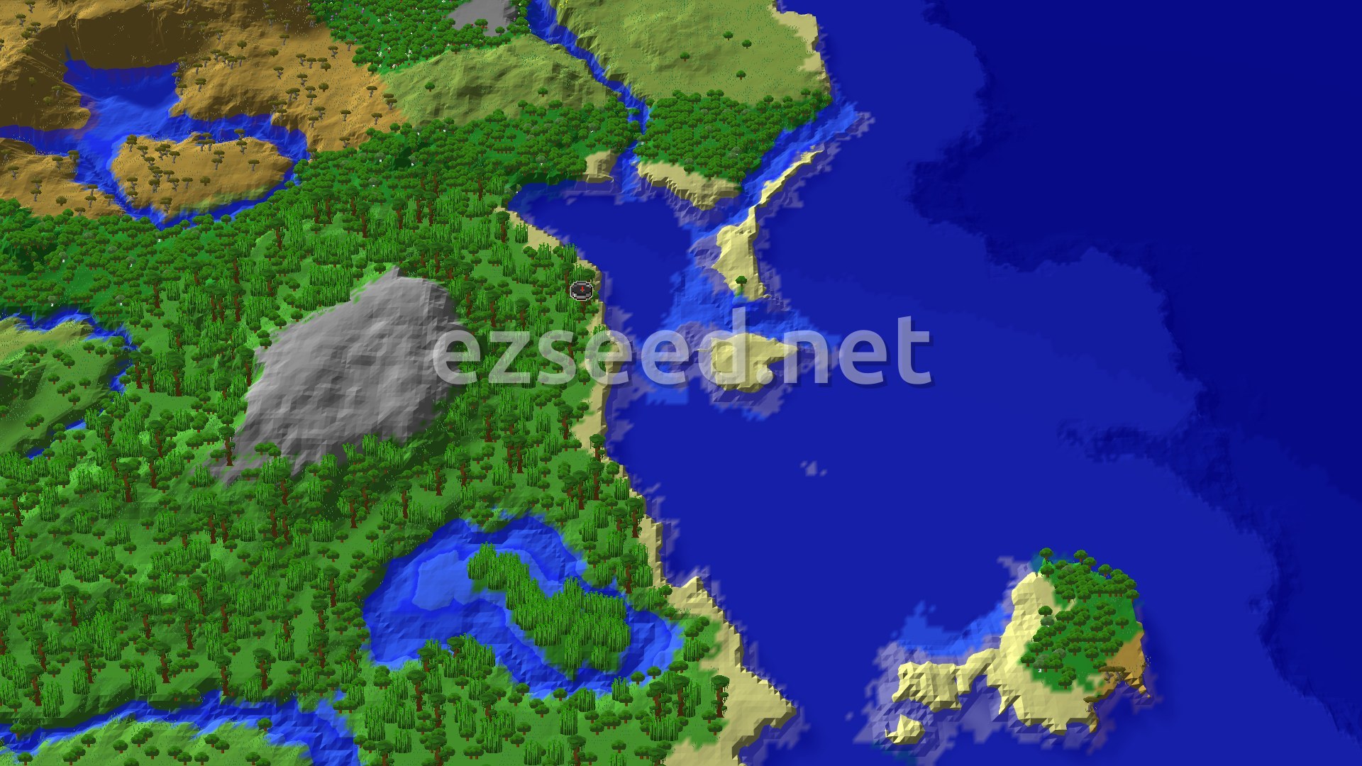 Aerial Minecraft seed map — A Jungle Spawn with Close Treasures and Distant Peaks