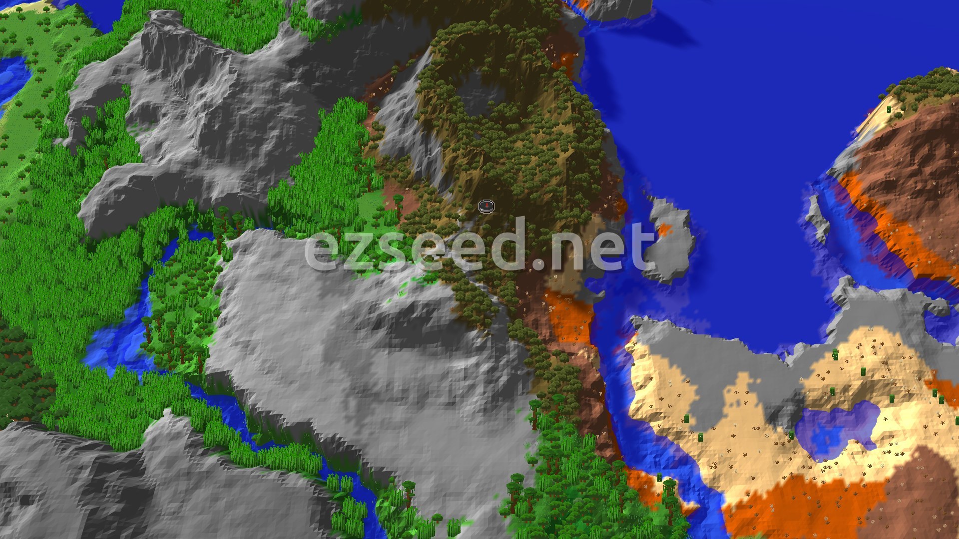 Aerial Minecraft seed map — Wooded Badlands Start with a Close Ancient City