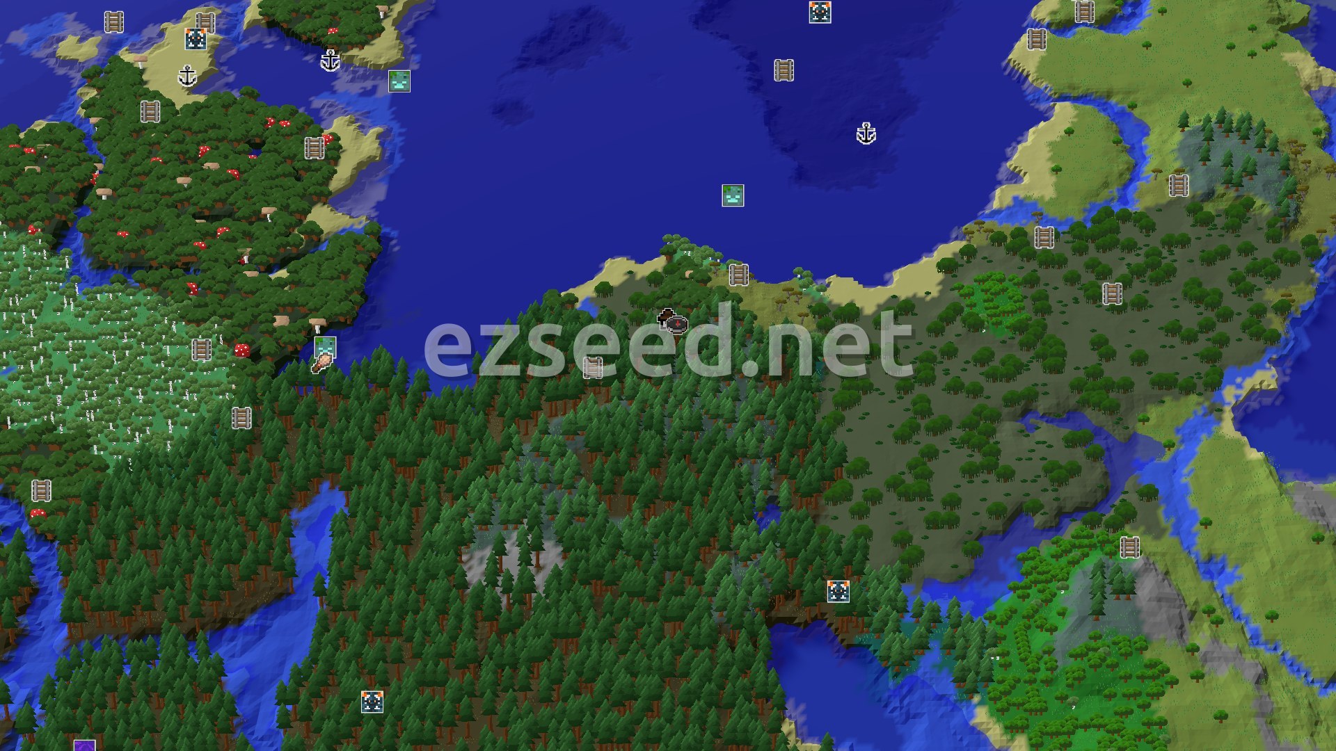 Aerial Minecraft seed map — Woodland Mansion Spawn in a Deep Dark Forest