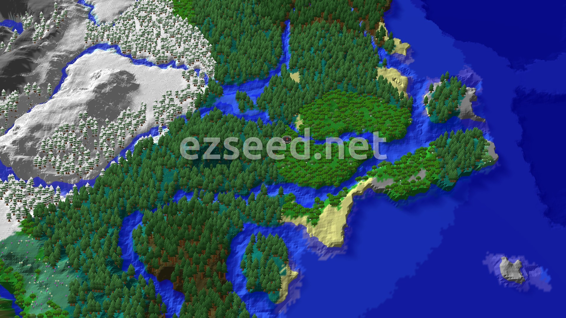 Aerial Minecraft seed map — Forest Spawn with Nearby Snow, Taiga, and Coastal Views