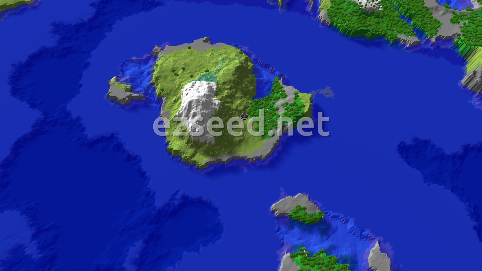 Aerial Minecraft seed map — Spawn on a Coastal Plain with Nearby Snowy Slopes