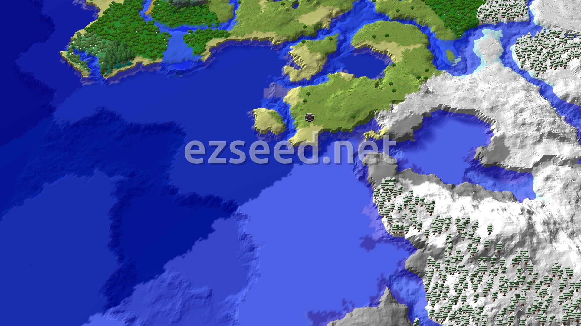 Aerial Minecraft seed map — Frozen Ocean and Ancient City Nearby