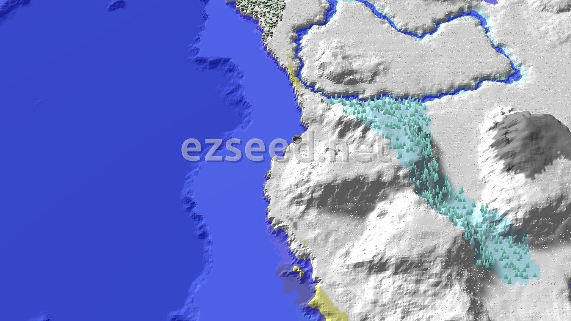 An overhead 3D view of a snowy landscape with a large frozen ocean to the west and snow-covered mountains, hills, and a frozen river to the east. A small spawn marker is visible near the ocean.