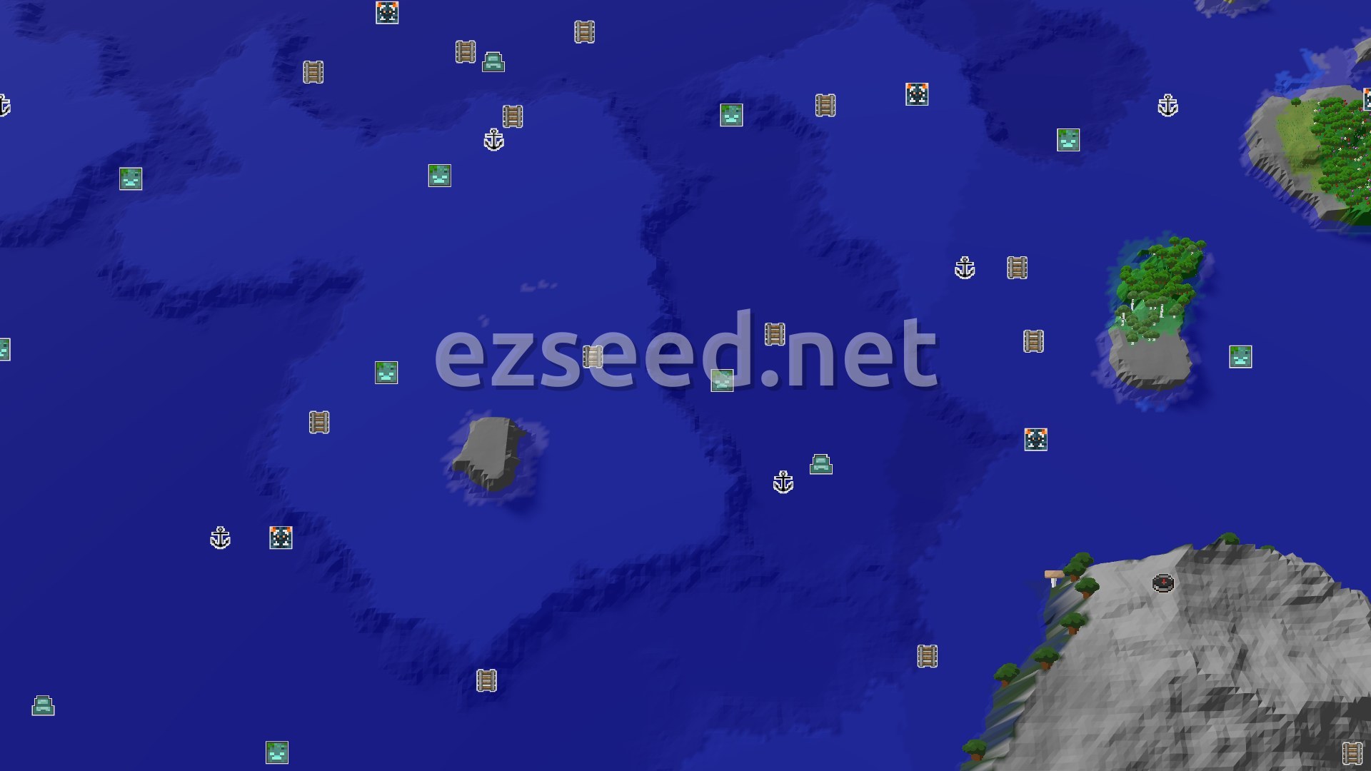 Aerial Minecraft seed map — Dark Forest Spawn with Nearby Jagged Peaks and Ocean
