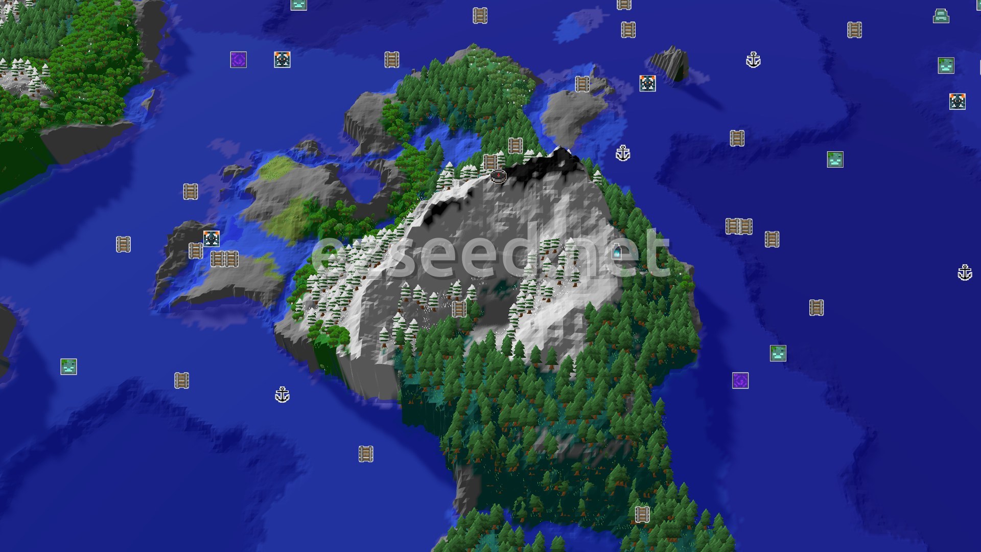 Aerial Minecraft seed map — Spawn in Jagged Peaks with an Ancient City nearby