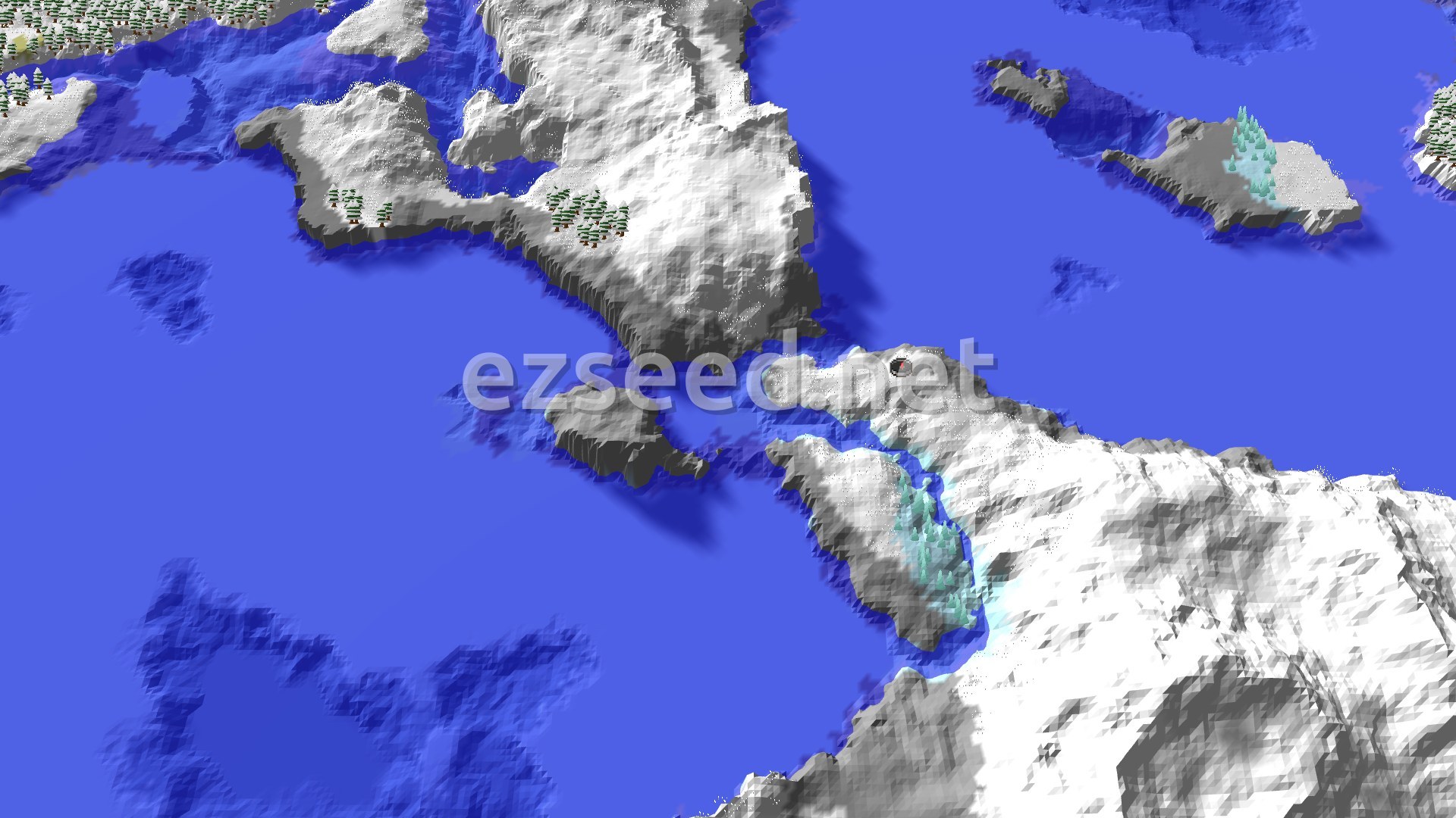 Aerial Minecraft seed map — Frozen Islands and Mountains Near Spawn