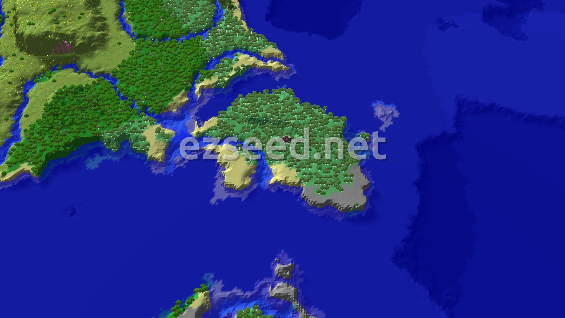 Aerial Minecraft seed map — A Birch Forest Island Start with Close Structures