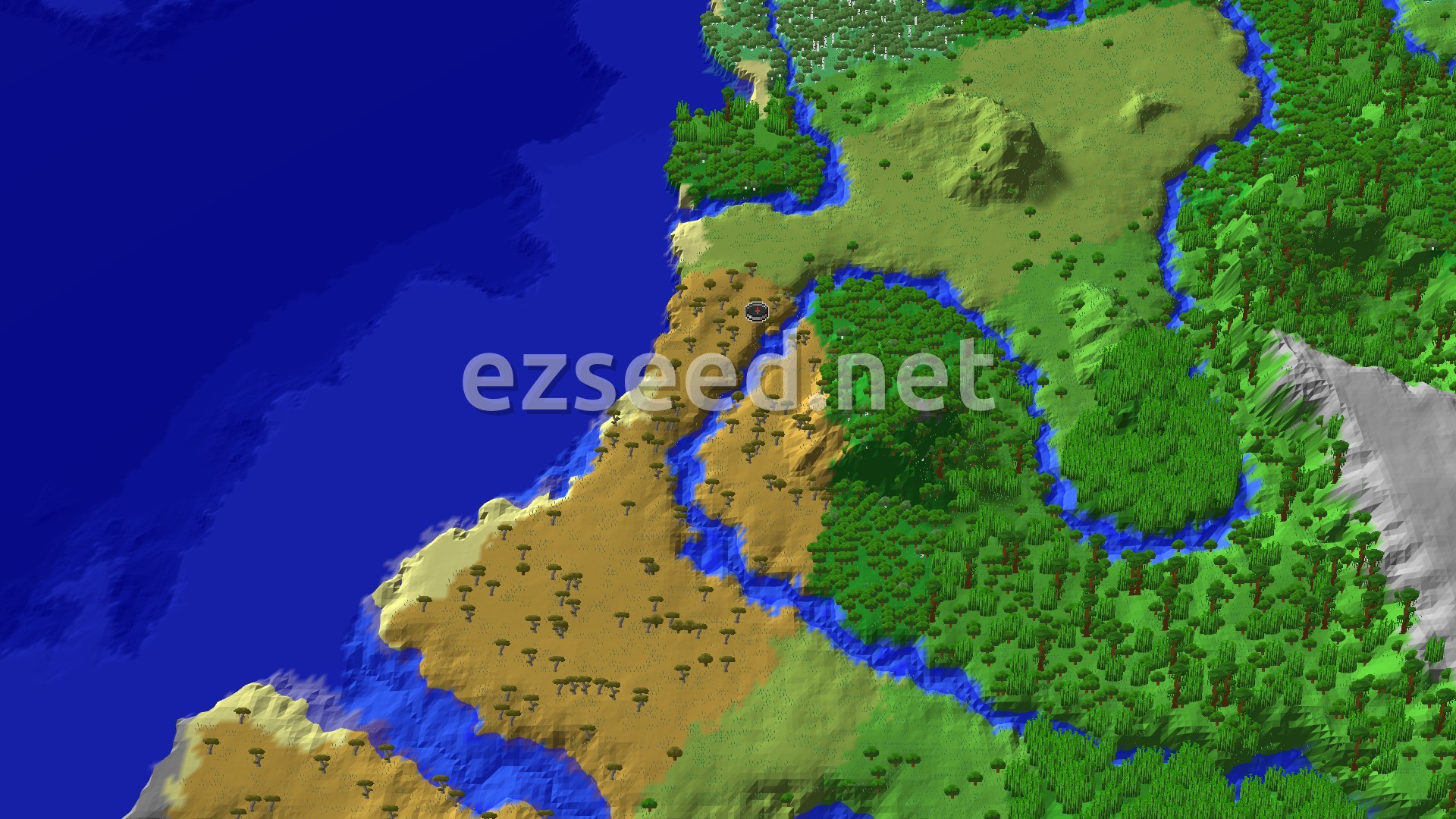 Aerial Minecraft seed map — Savanna Spawn with a Jungle Temple Nearby