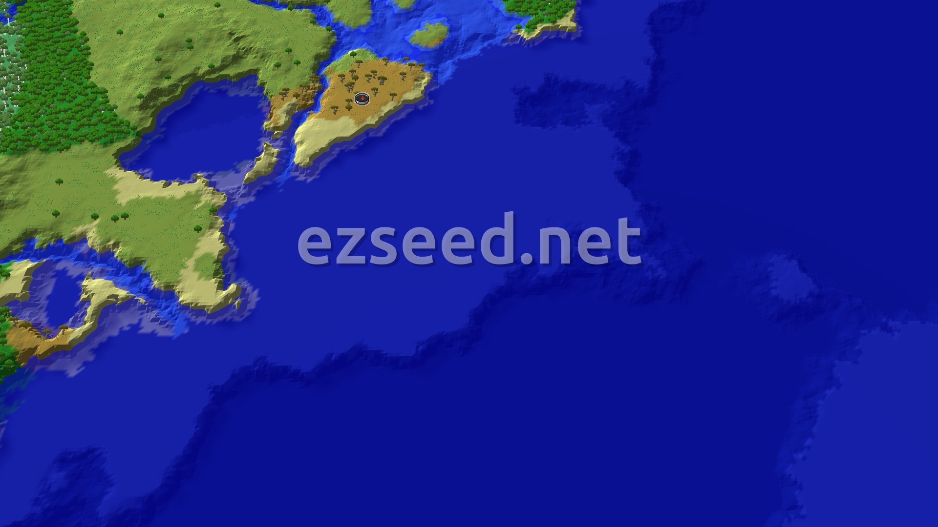 Aerial Minecraft seed map — Savanna Coastline with Distant Mansion and Ancient City