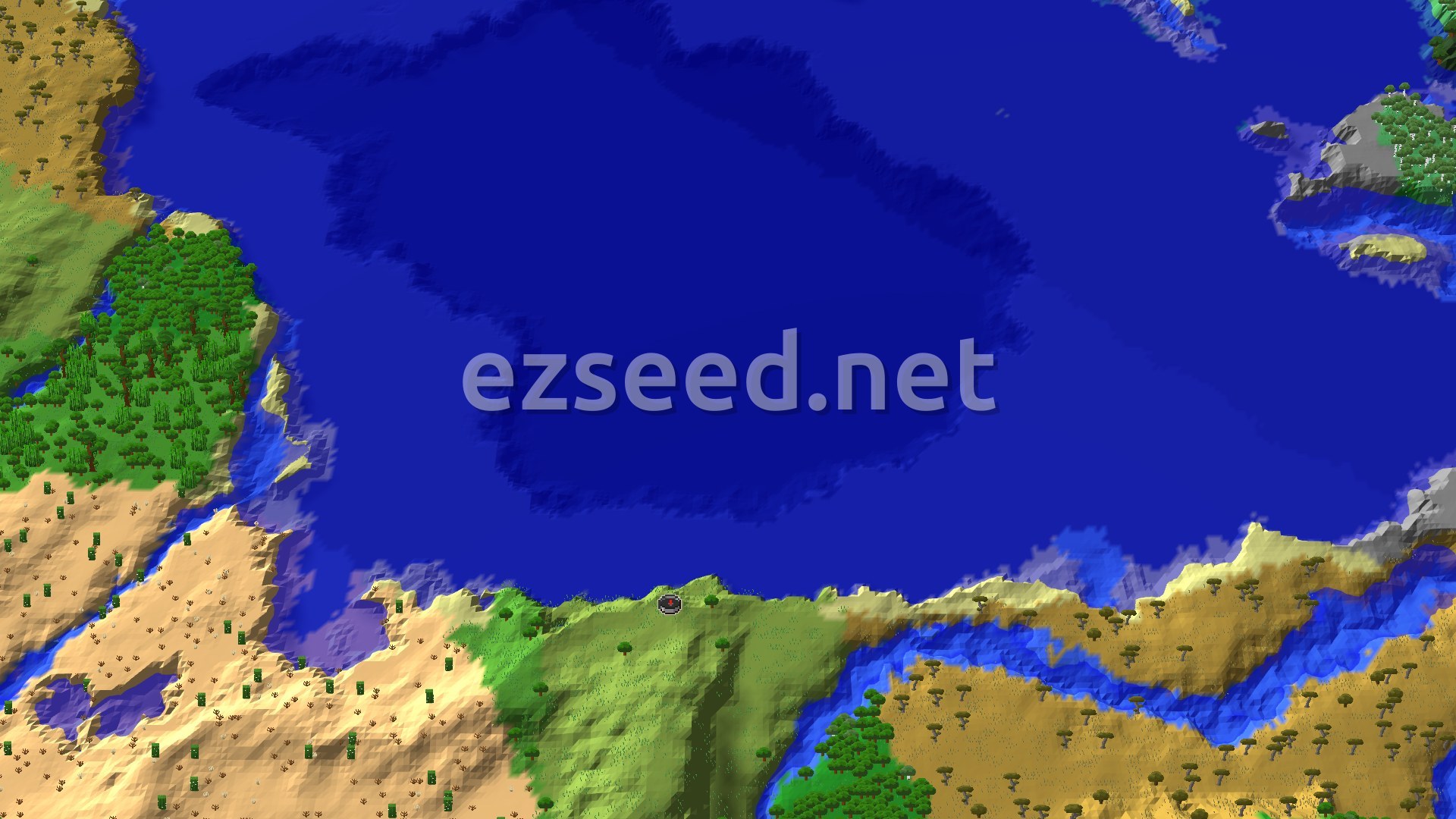 An aerial view of a varied landscape, showing a large blue ocean with landmasses of green plains, some sparse jungle trees, and sandy desert biomes. A small red spawn marker is visible on a green hill near the ocean.