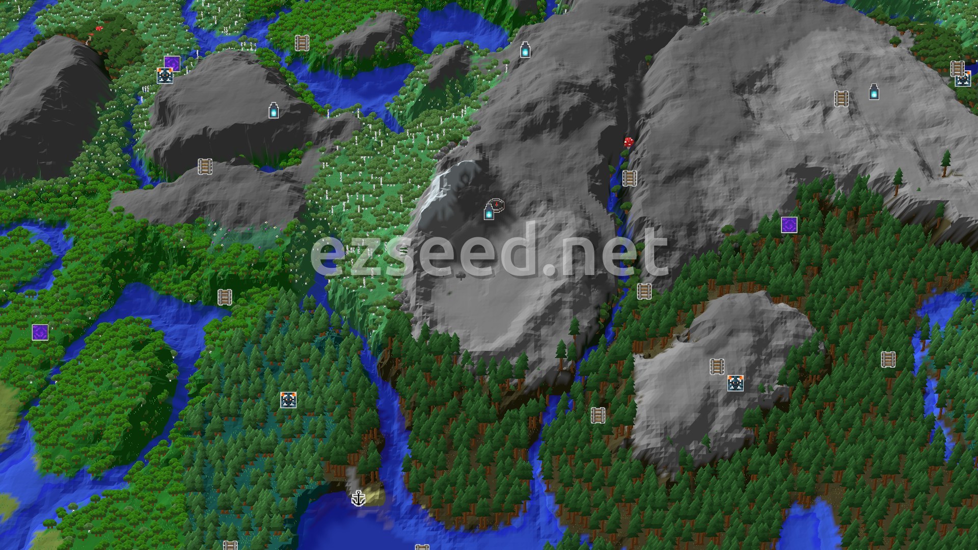 Aerial Minecraft seed map — Pale Garden Spawn with Immediate Ancient City Access