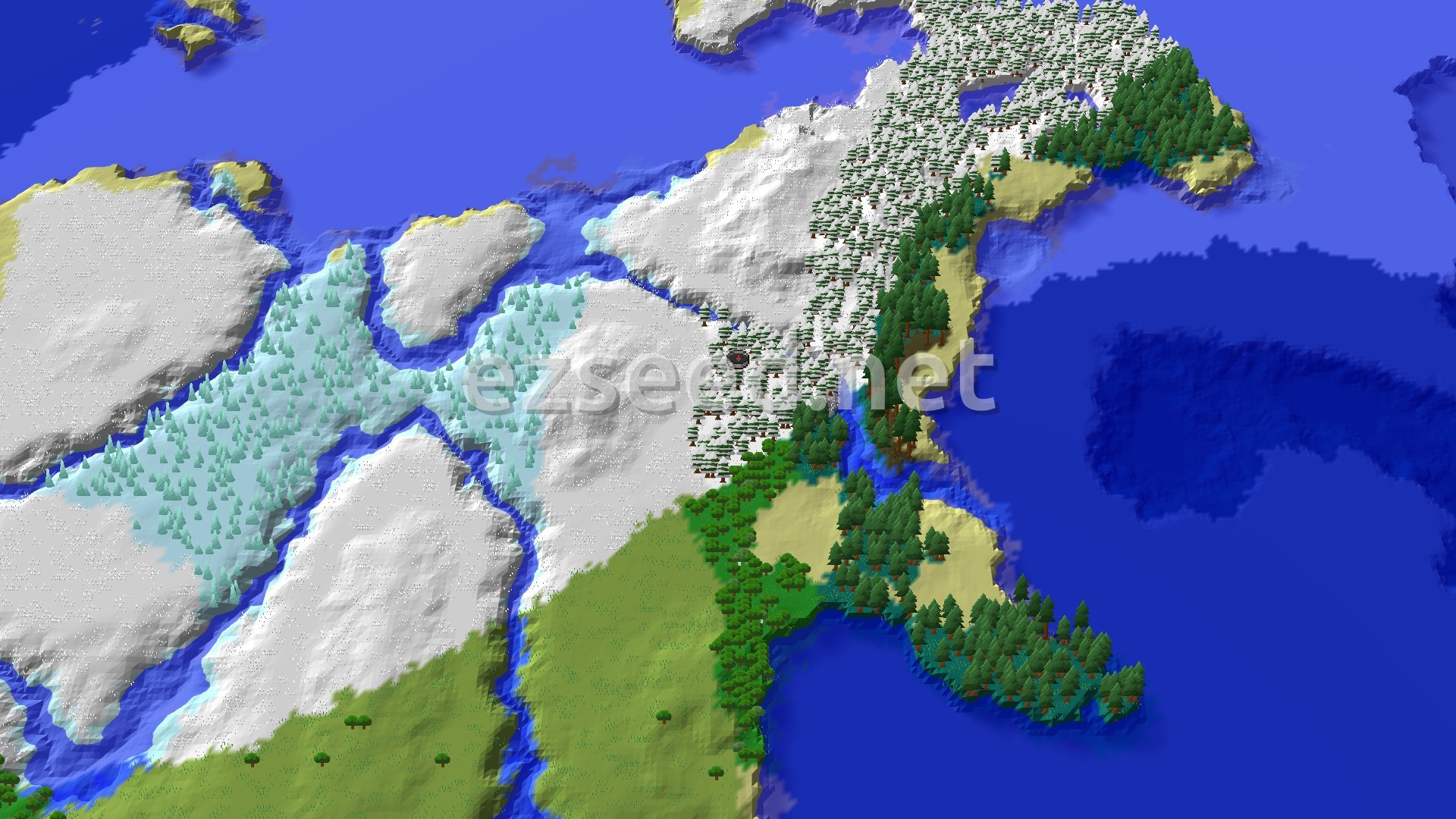 An aerial view of a snowy, forested landscape with a large body of water to the east and south.