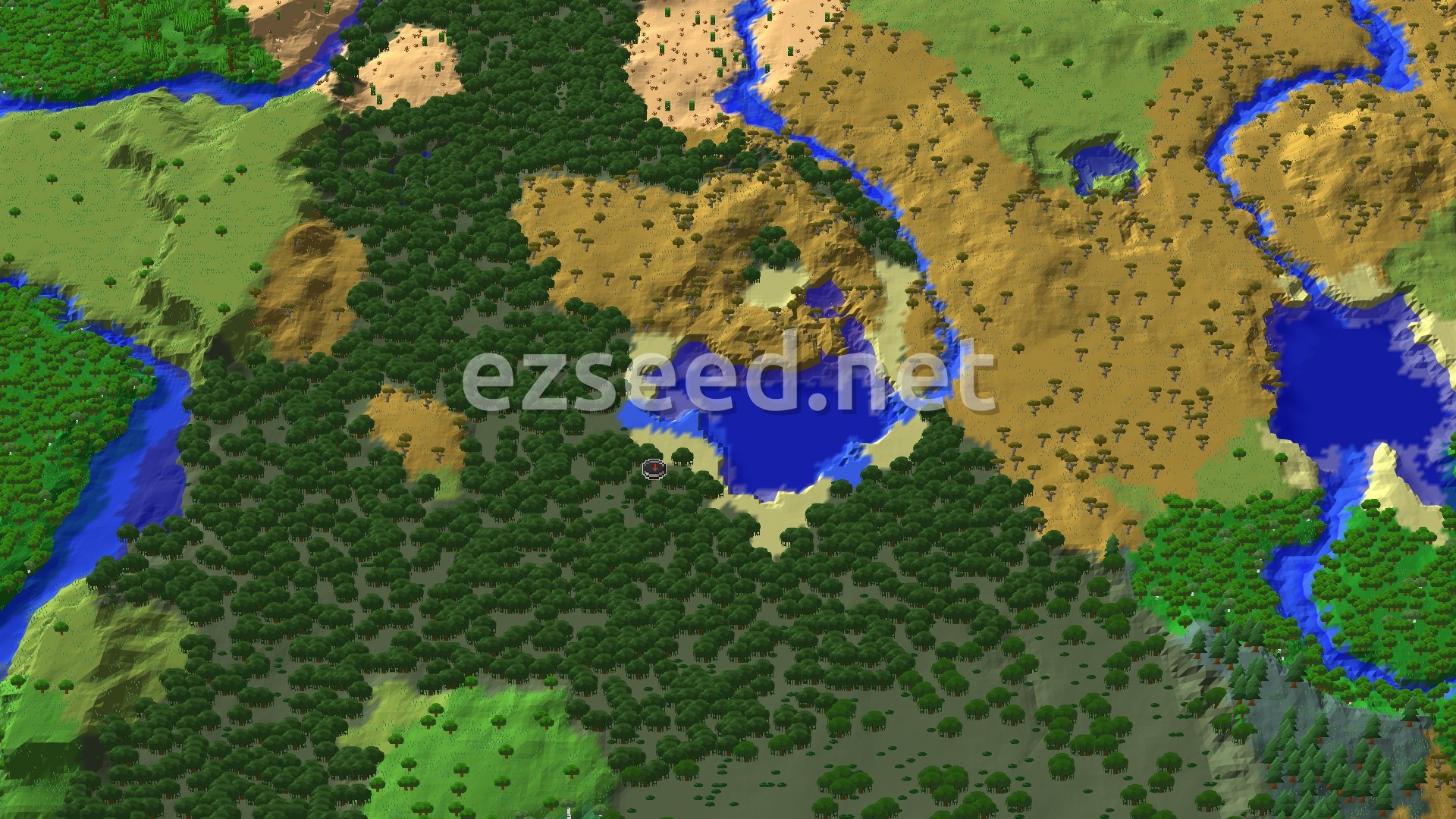 An aerial view of a Minecraft world, showing a dense green forest, a large blue lake, and lighter brown savanna-like areas with scattered trees. A thin blue river winds through the landscape, and a small red spawn marker is visible near the lake.