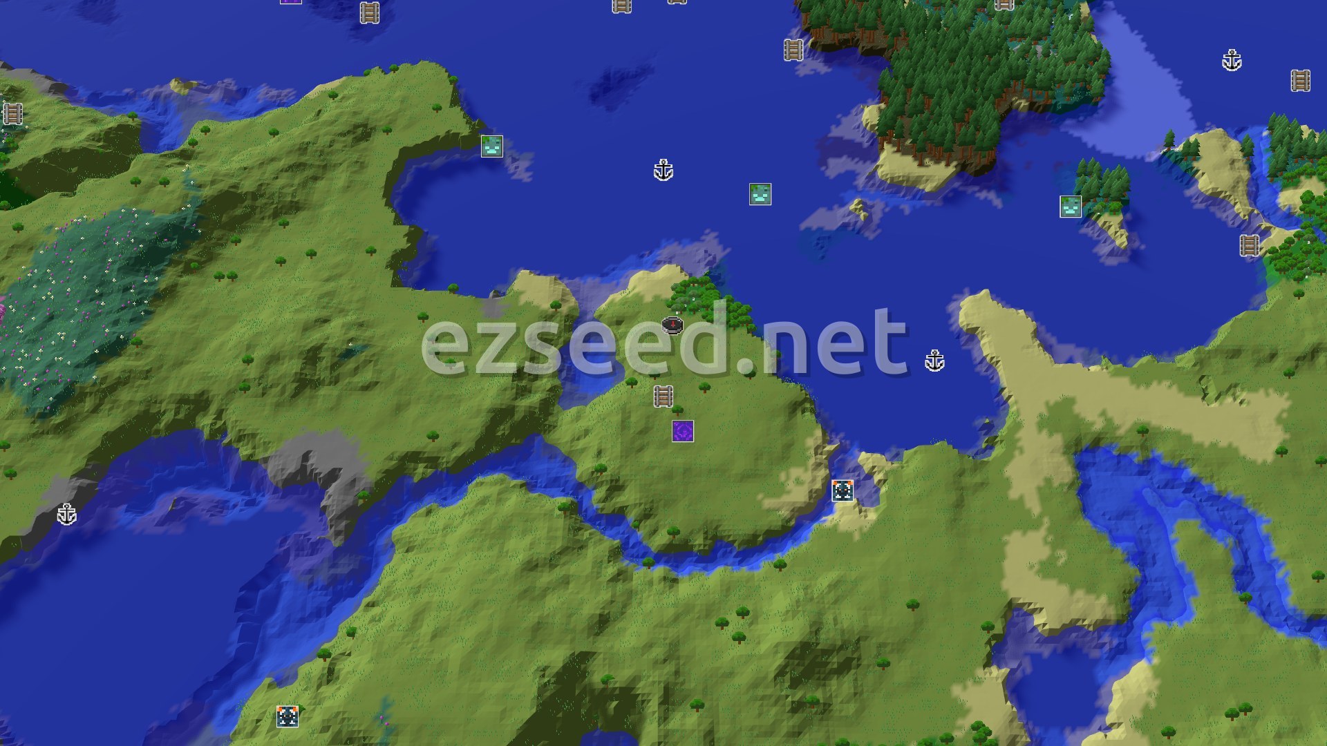 Aerial Minecraft seed map — A River Runs Through It, With Plenty of Ocean Nearby