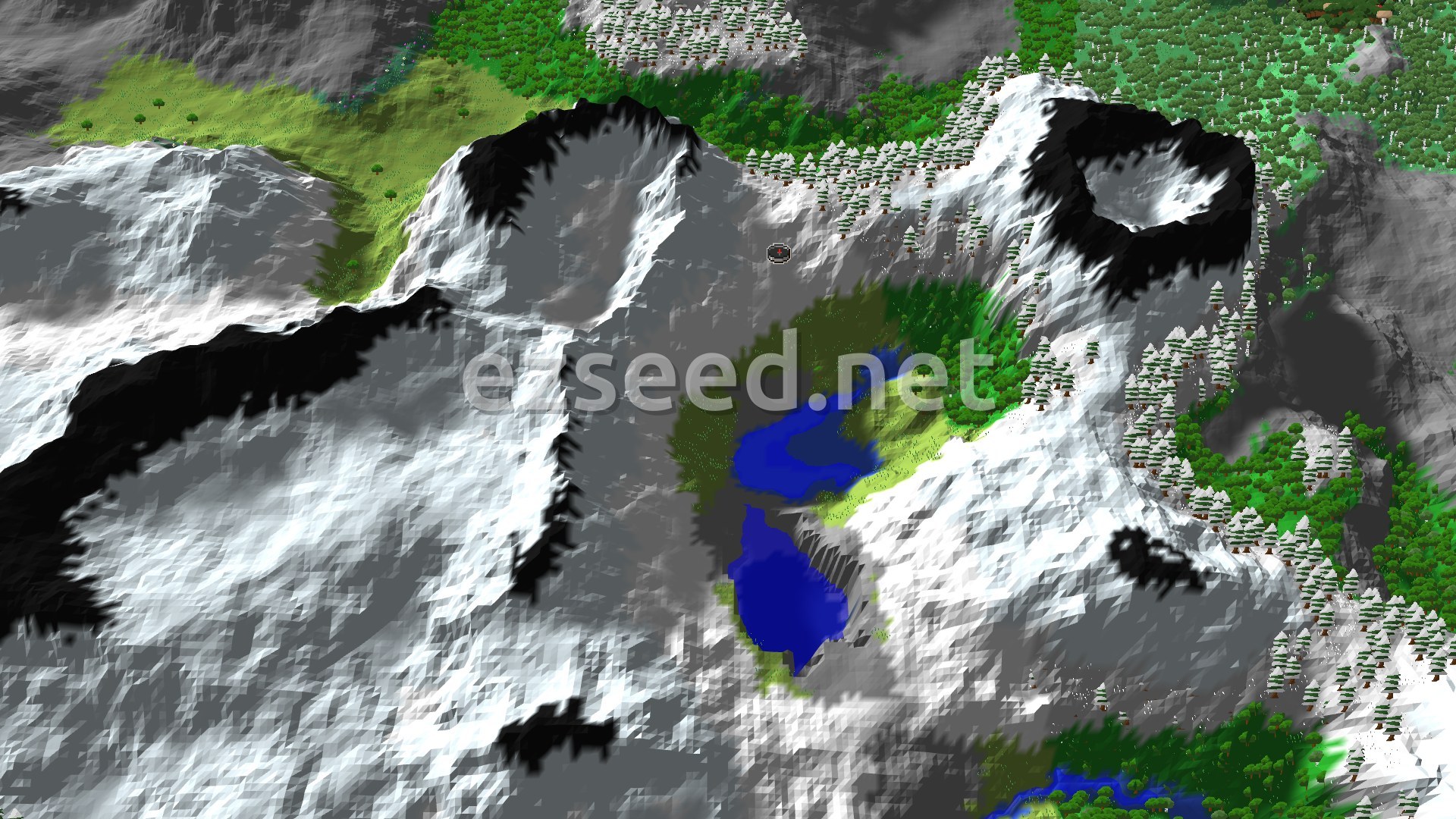 Aerial Minecraft seed map — Spawn in Snowy Slopes With Nearby Ancient City