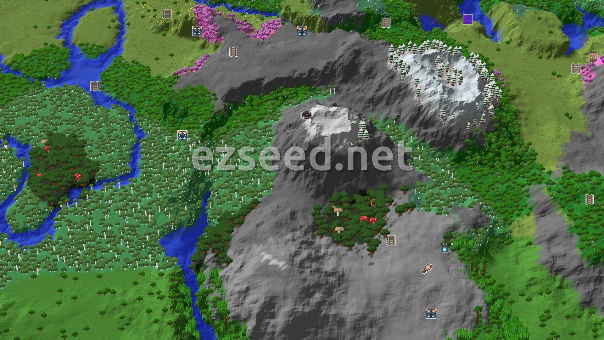 Aerial Minecraft seed map — Peaks, Forests, and Hidden Treasures
